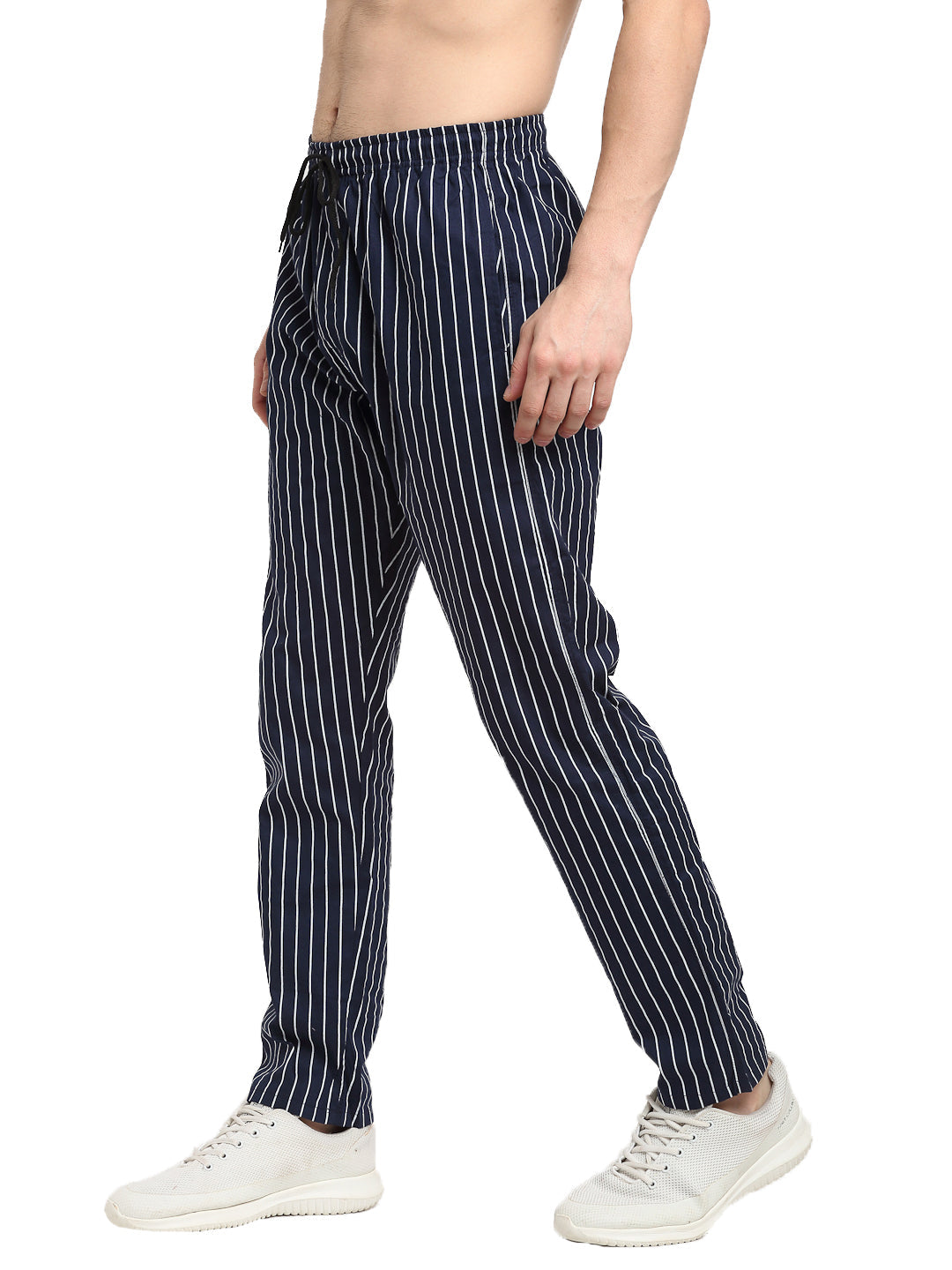 Men's Navy Blue Cotton Striped Track Pants ( JOG 020Navy ) - Jainish