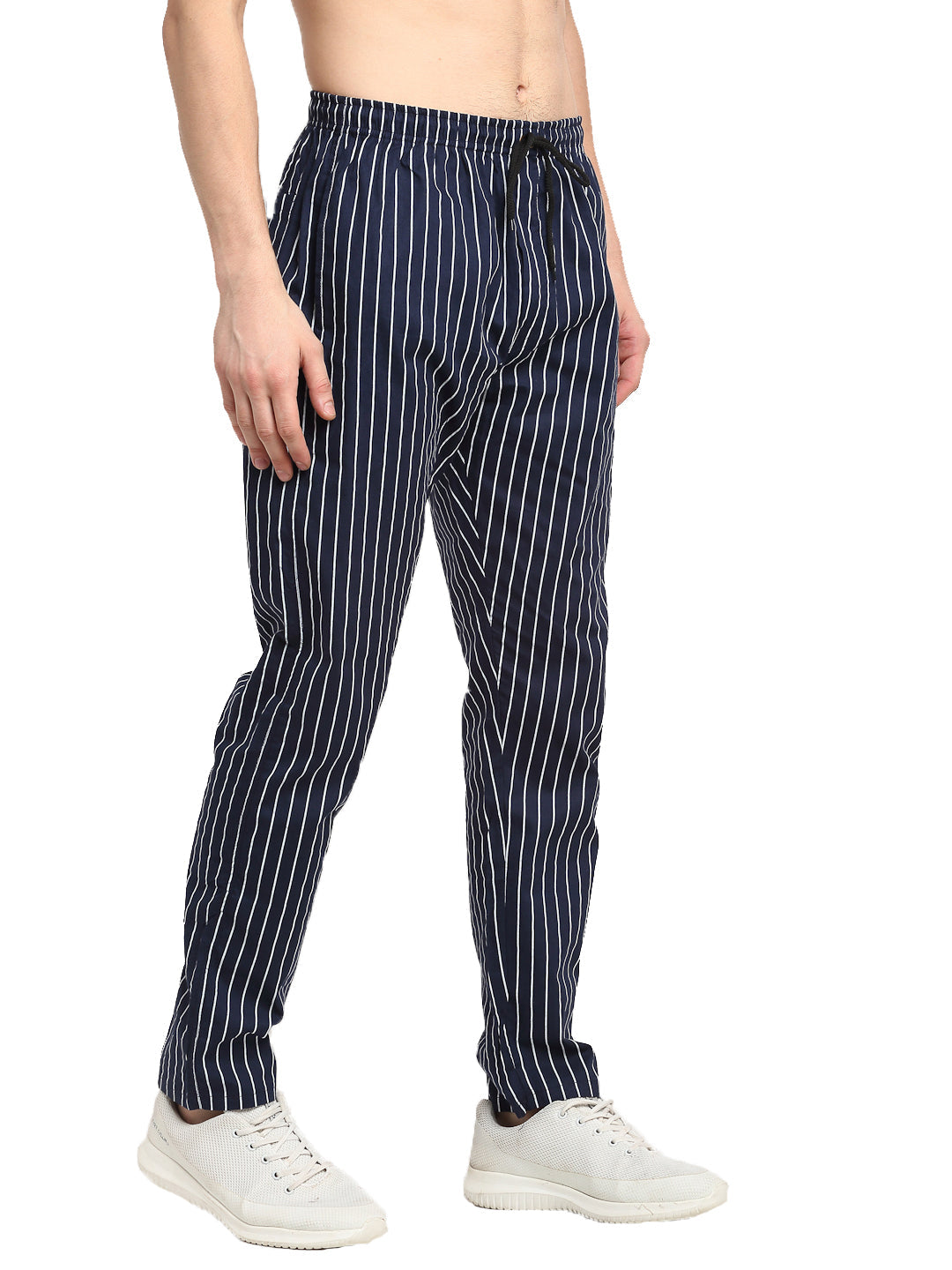 Men's Navy Blue Cotton Striped Track Pants ( JOG 020Navy ) - Jainish