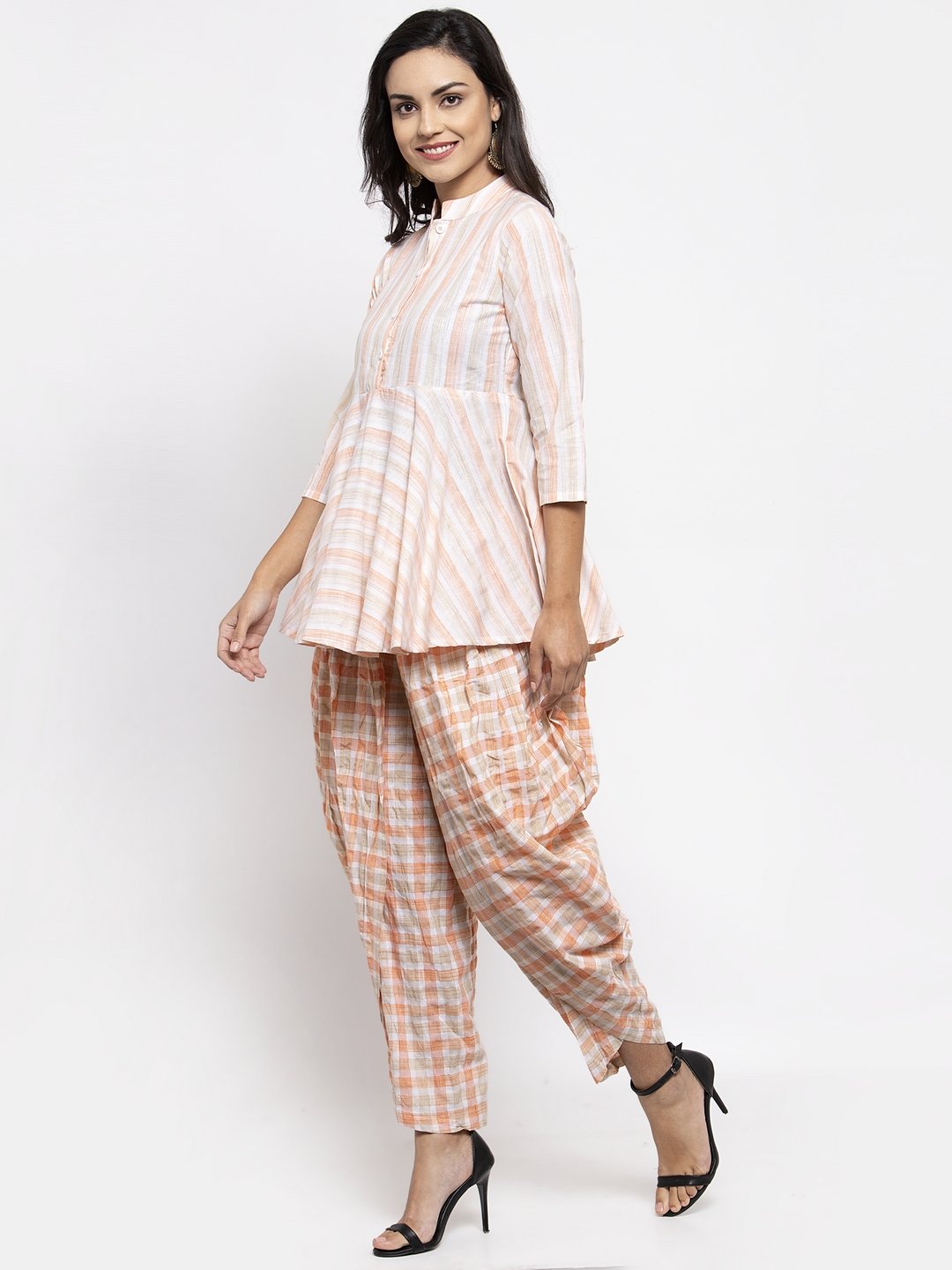 Women's Orange and White Striped Kurta with Dhoti Pants - Jompers