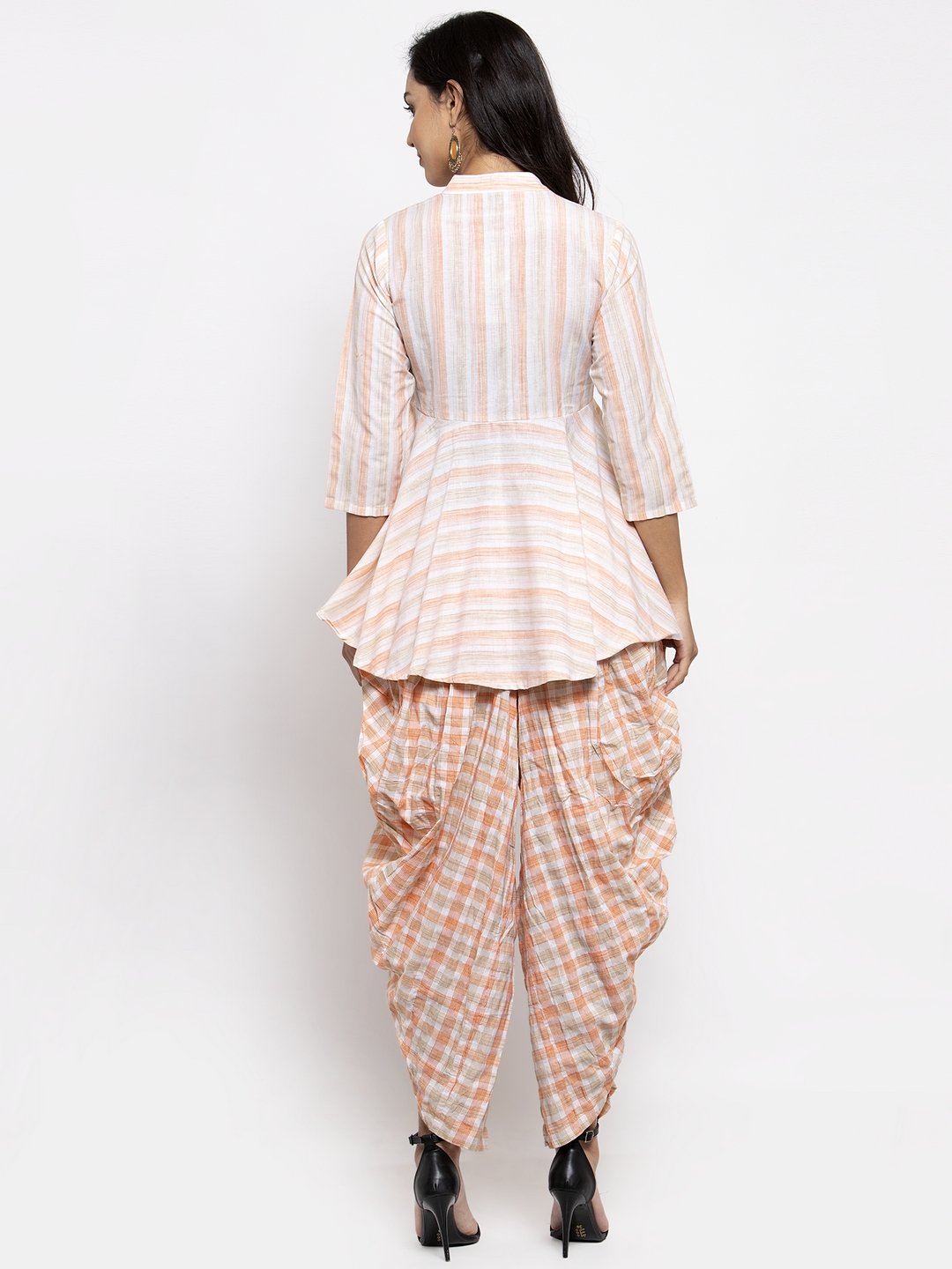Women's Orange and White Striped Kurta with Dhoti Pants - Jompers