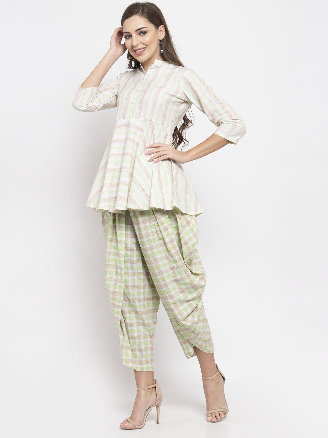 Women's Green and White Striped Kurta with Dhoti Pants - Jompers