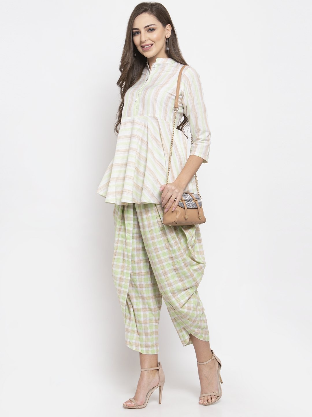 Women's Green and White Striped Kurta with Dhoti Pants - Jompers
