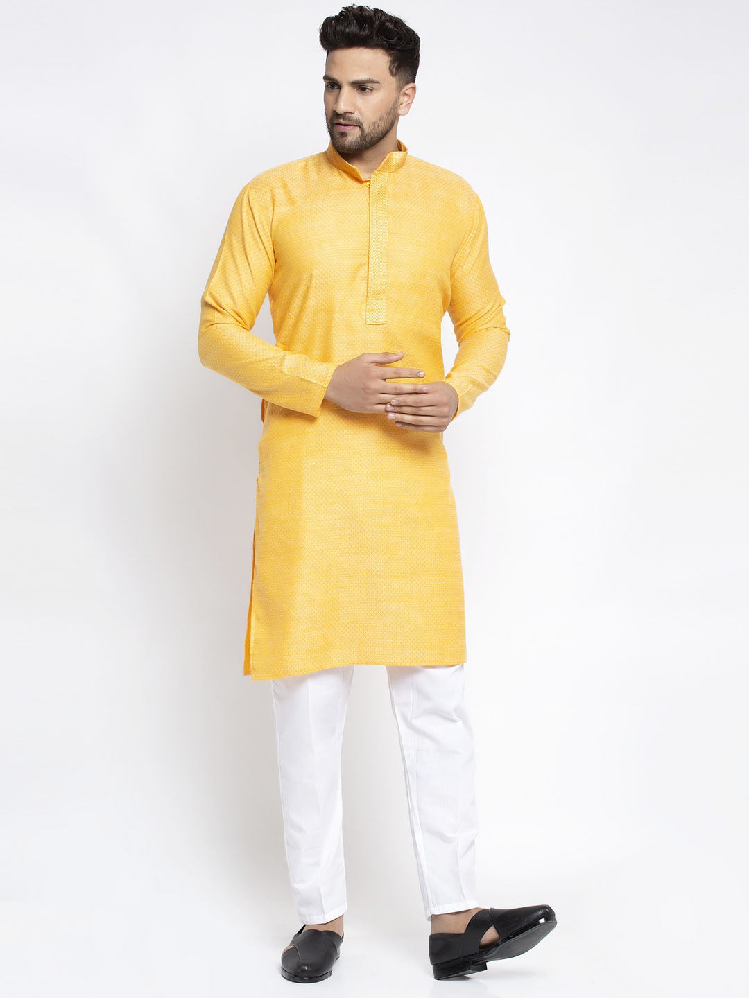 Men's Yellow Woven Kurta Payjama Sets ( JOKP 619 Yellow ) - Virat Fashions
