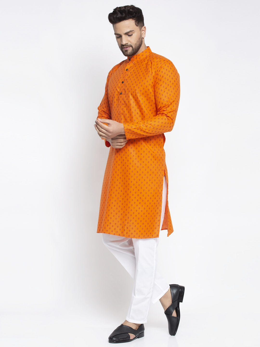 Men's Orange Printed Kurta Payjama Sets ( JOKP 627 Orange ) - Virat Fashions