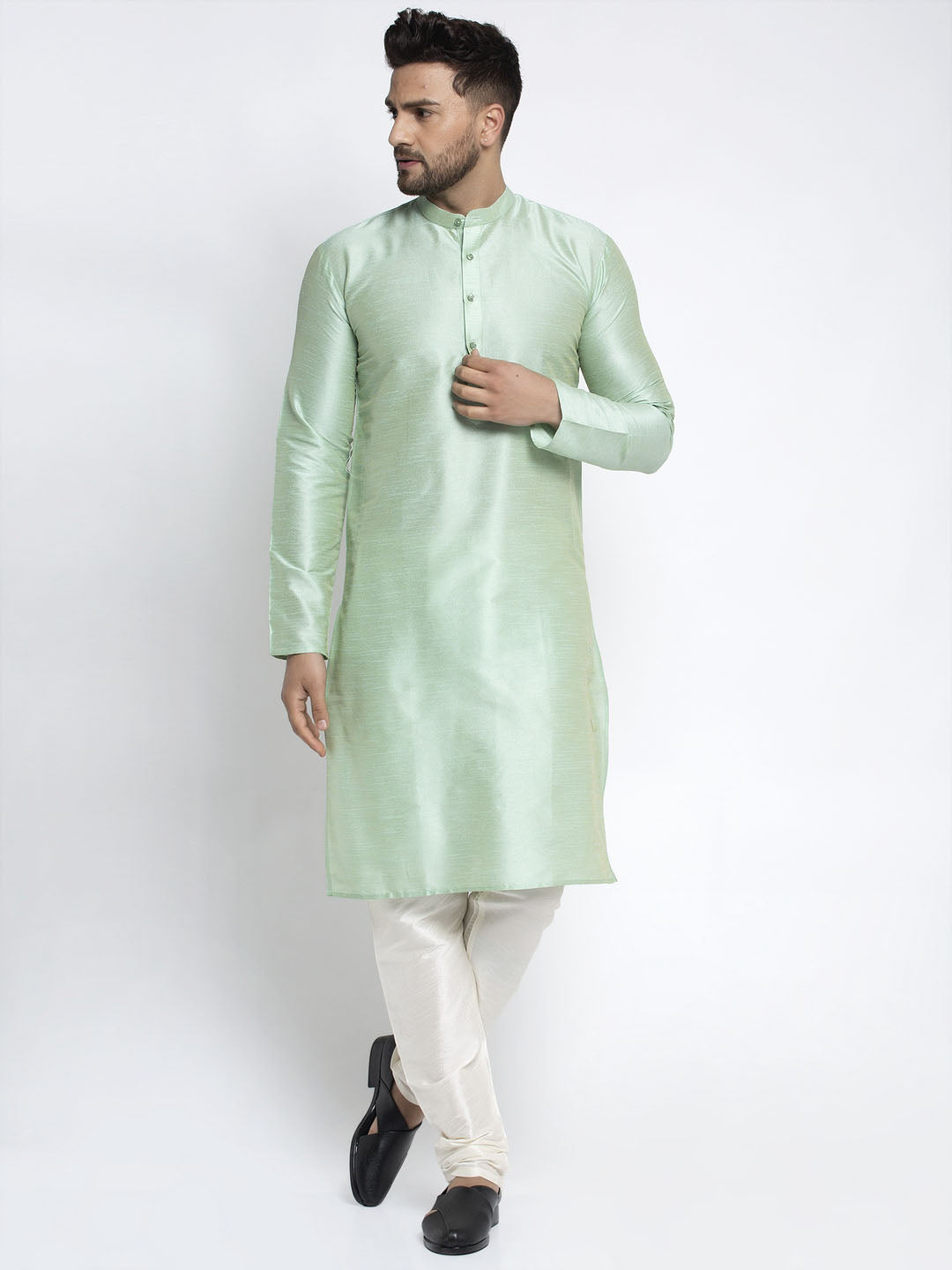 Men's Green Solid Dupion Silk Kurta Payjama Set ( JOKP 636 Green ) - Virat Fashions