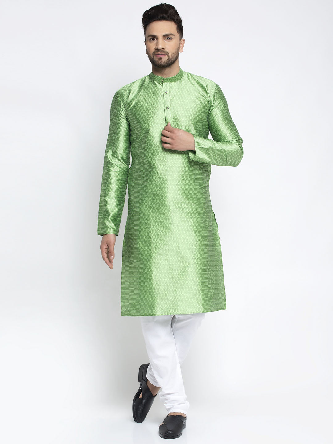 Men's Green & White Woven Design Kurta with Pyjamas ( JOKP 637 Green ) - Virat Fashions