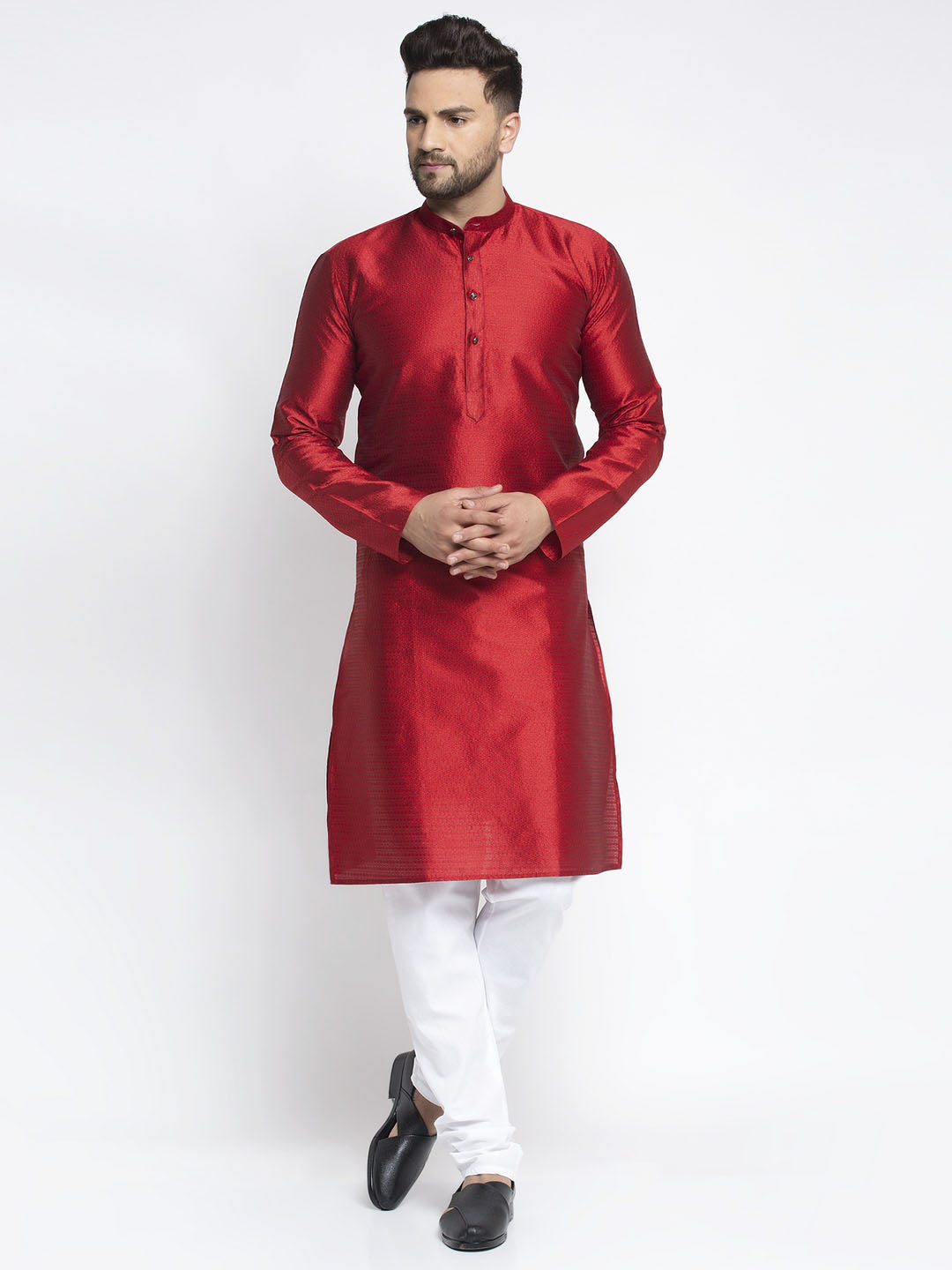 Men's Maroon & White Woven Design Kurta with Pyjamas ( JOKP 637 Maroon ) - Virat Fashions