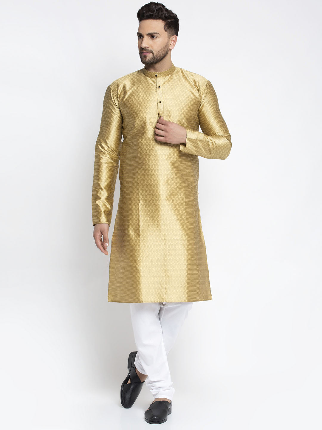 Men's Mustard & White Woven Design Kurta with Pyjamas ( JOKP 637 Mustard ) - Virat Fashions