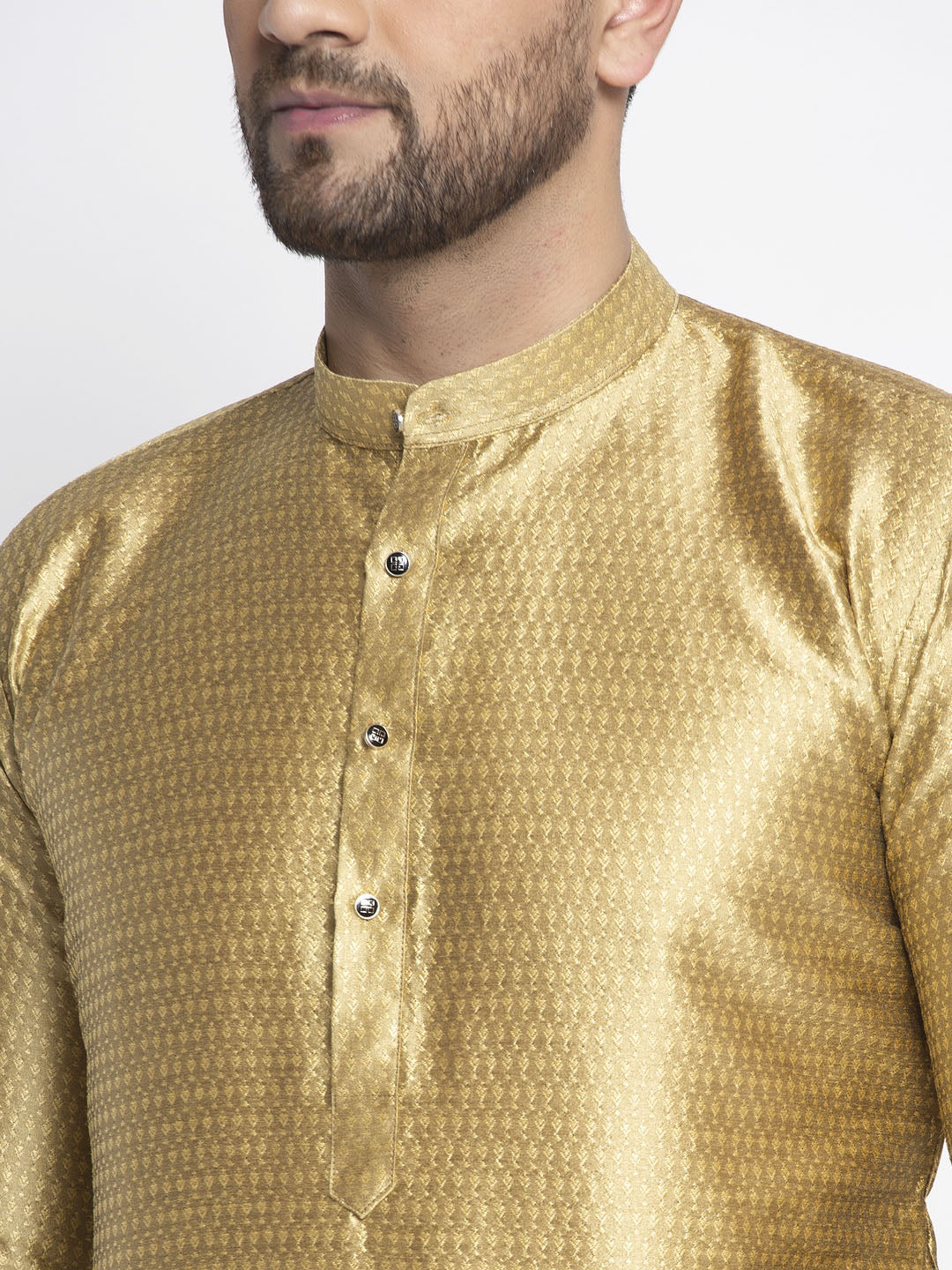 Men's Mustard & White Woven Design Kurta with Pyjamas ( JOKP 637 Mustard ) - Virat Fashions