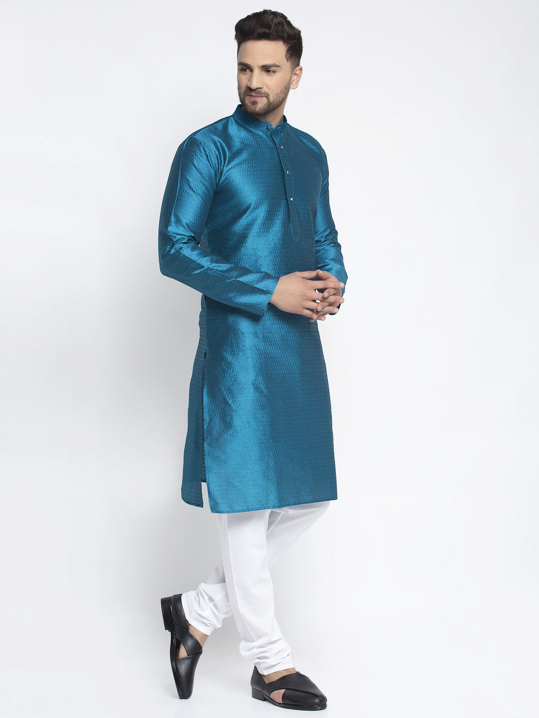 Men's Blue & White Woven Design Kurta with Pyjamas ( JOKP 637 Pecock ) - Virat Fashions