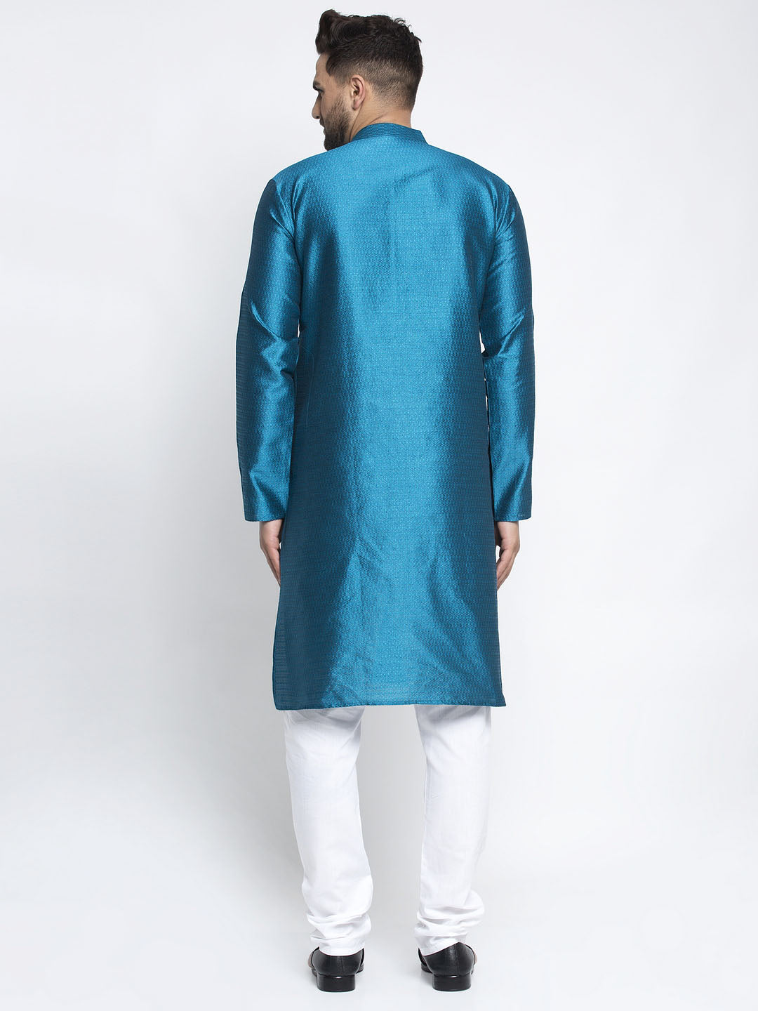 Men's Blue & White Woven Design Kurta with Pyjamas ( JOKP 637 Pecock ) - Virat Fashions