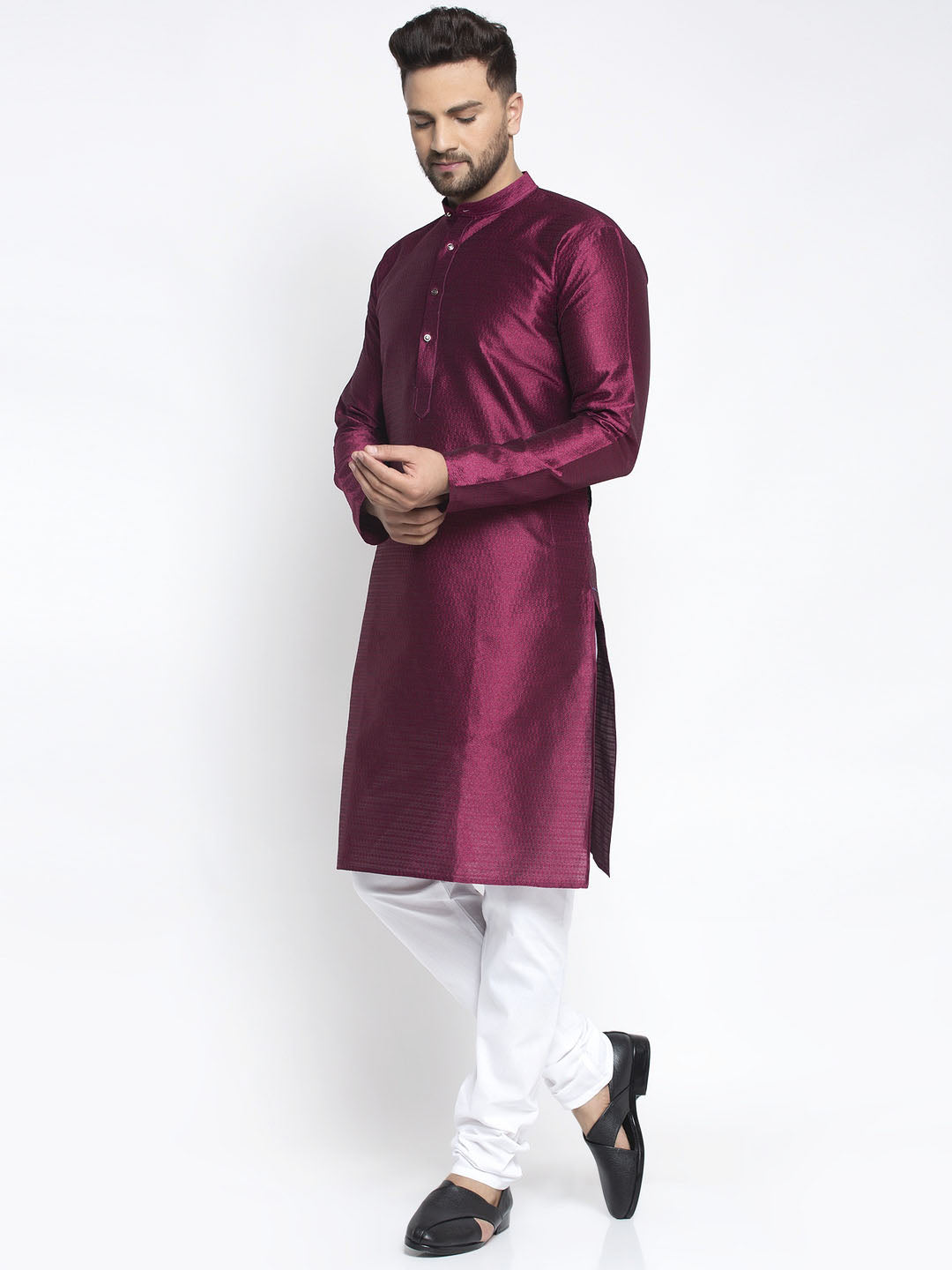 Men's Purple & White Woven Design Kurta with Pyjamas ( JOKP 637 Purple ) - Virat Fashions