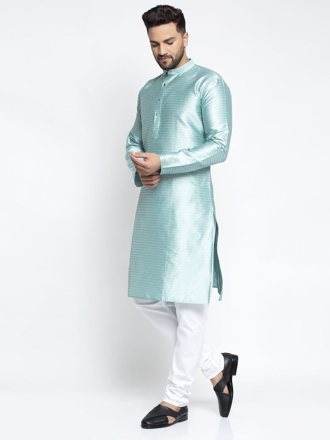 Men's Sky Blue & White Woven Design Kurta with Pyjamas ( JOKP 637 Sky ) - Virat Fashions