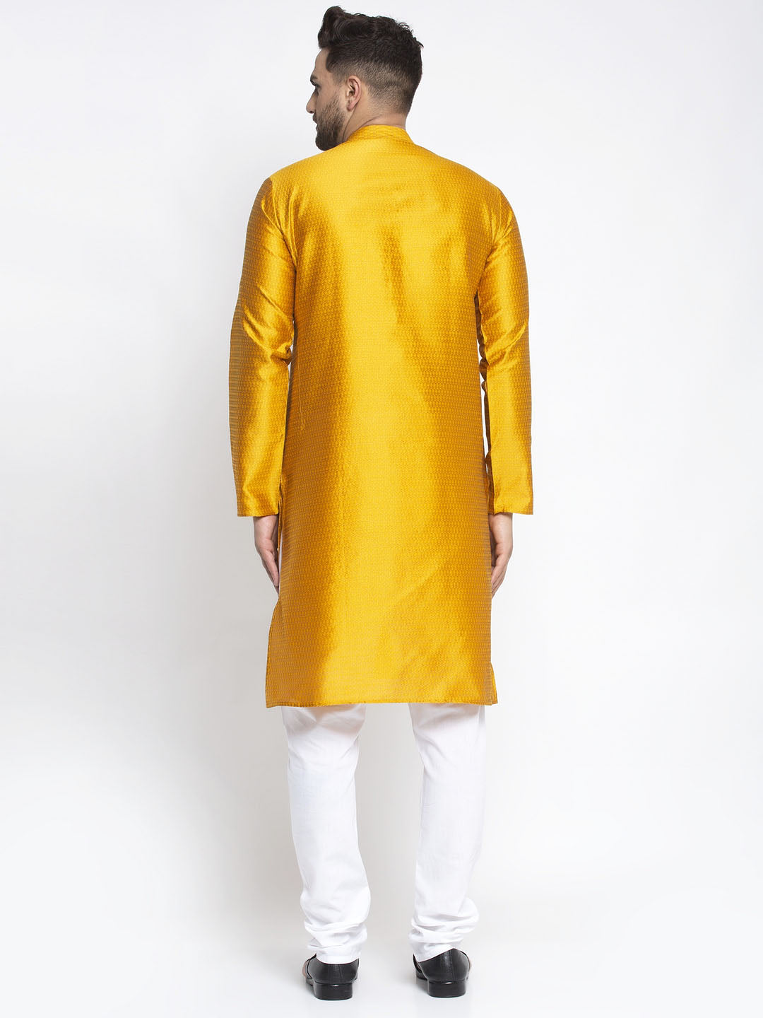 Men's Yellow & White Woven Design Kurta with Pyjamas ( JOKP 637 Yellow ) - Virat Fashions