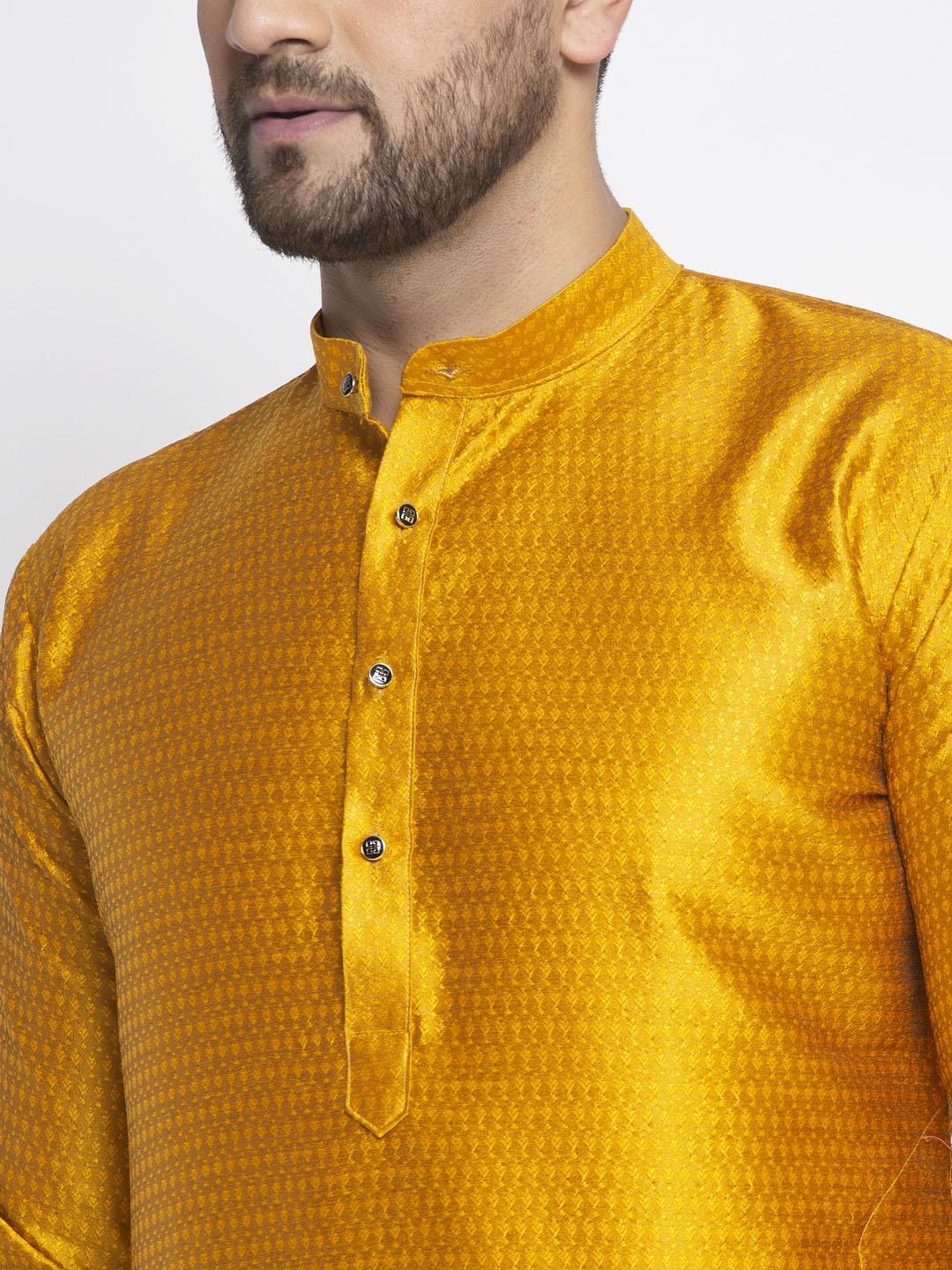 Men's Yellow & White Woven Design Kurta with Pyjamas ( JOKP 637 Yellow ) - Virat Fashions