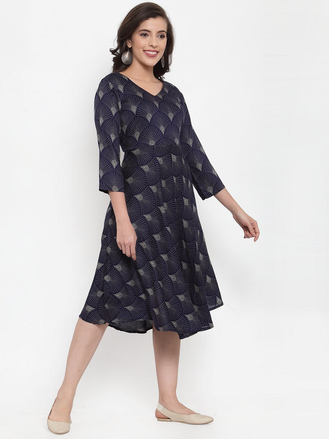 Women's Navy Blue Printed Fit and Flare Ethnic Dress - Jompers