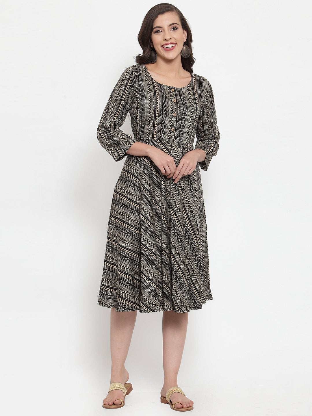 Women's Black Printed Fit and Flare Ethnic Dress - Jompers