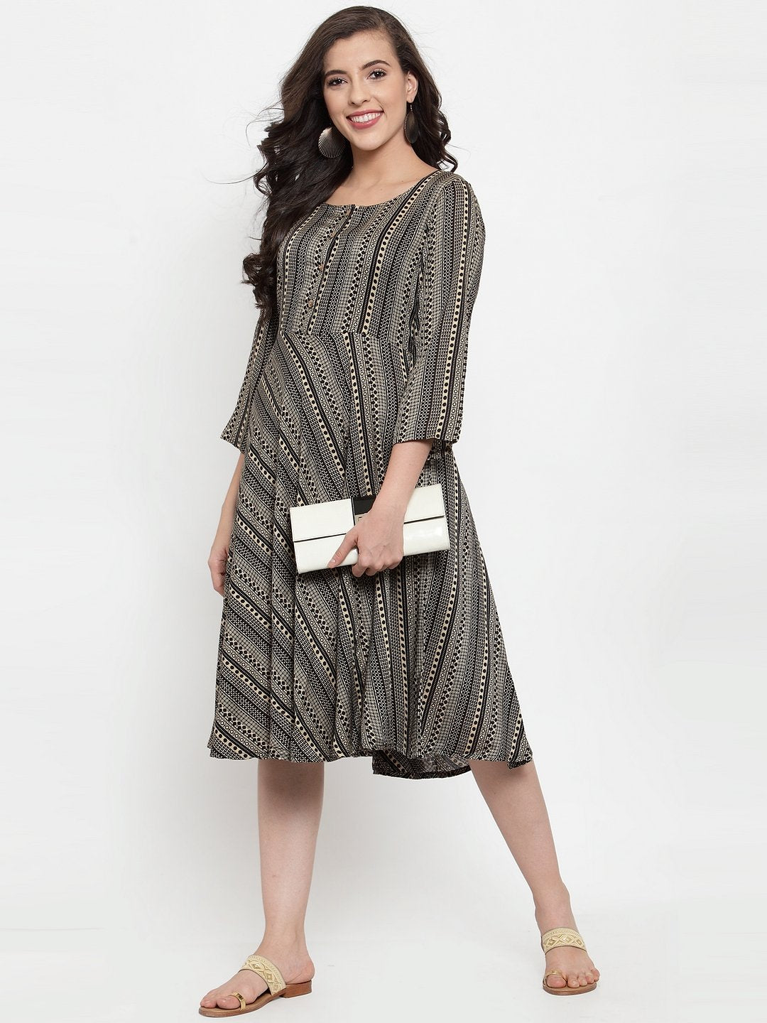 Women's Black Printed Fit and Flare Ethnic Dress - Jompers