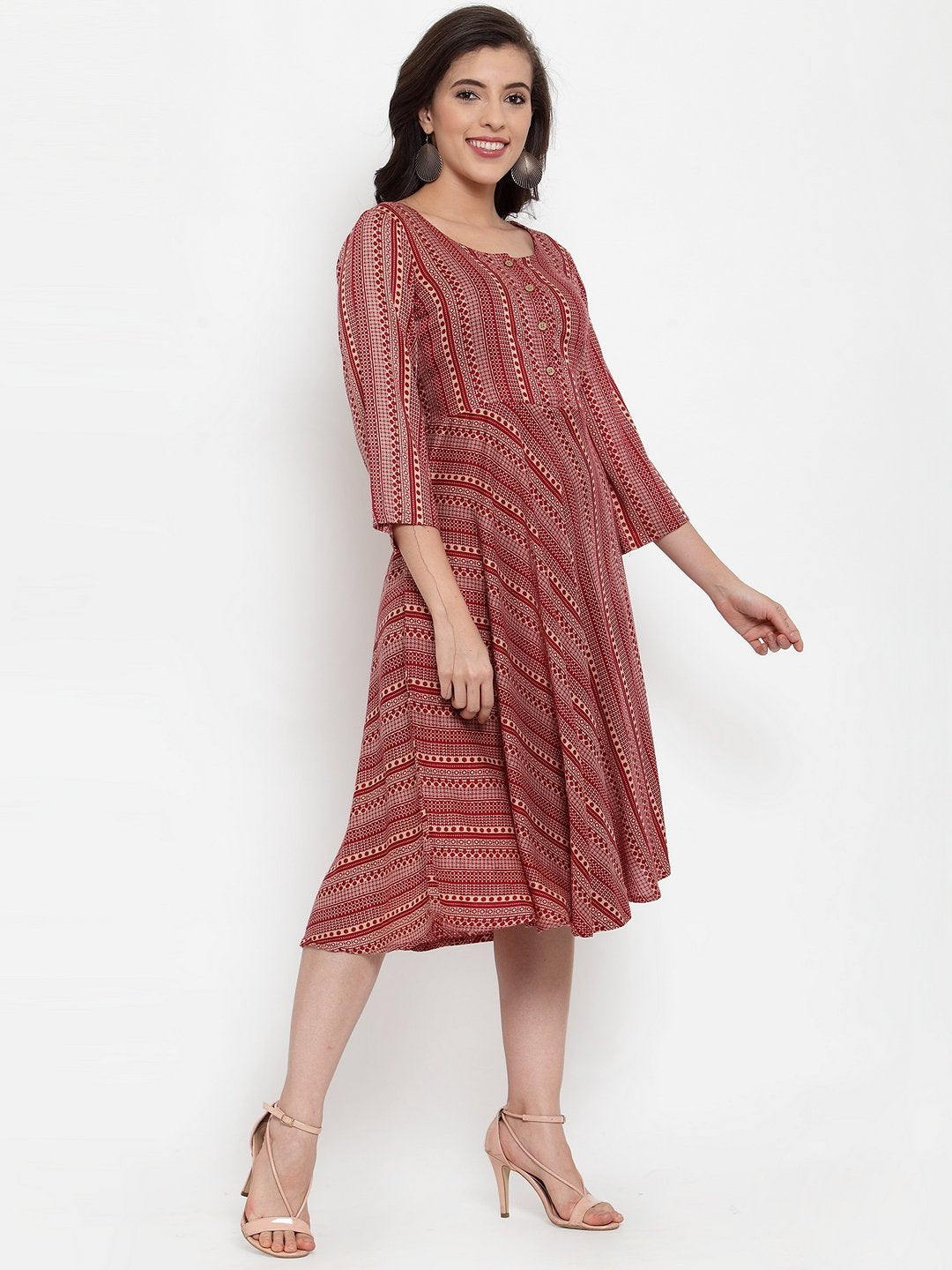 Women's Maroon Printed Fit and Flare Ethnic Dress - Jompers