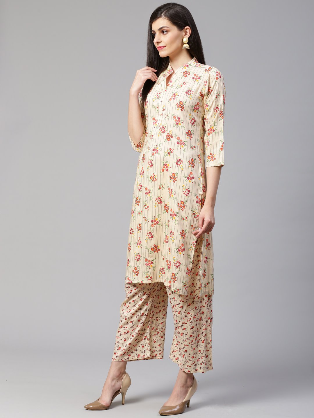 Women's Cream Coloured & Red Floral Print Kurta with Palazzos - Jompers
