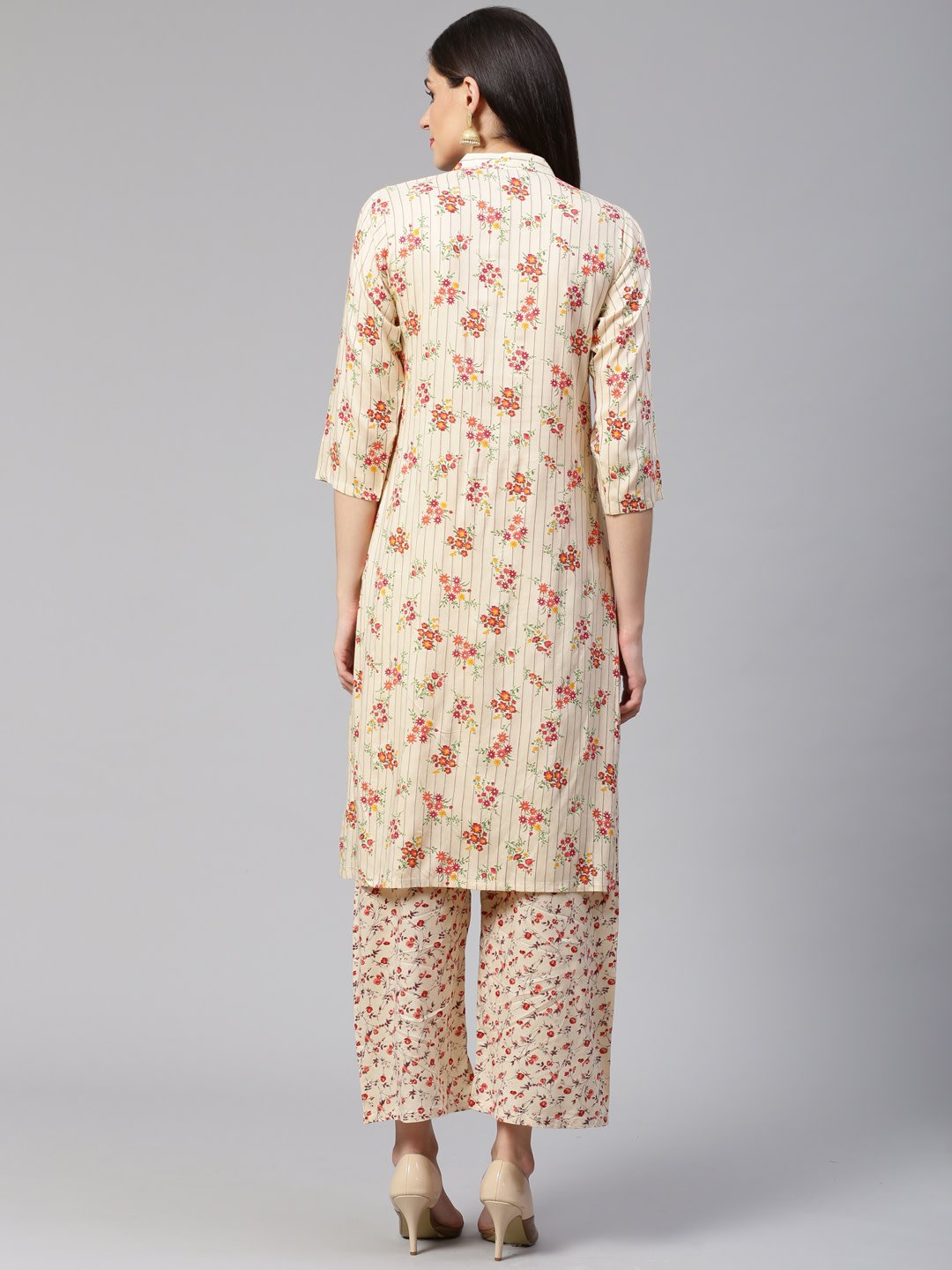 Women's Cream Coloured & Red Floral Print Kurta with Palazzos - Jompers