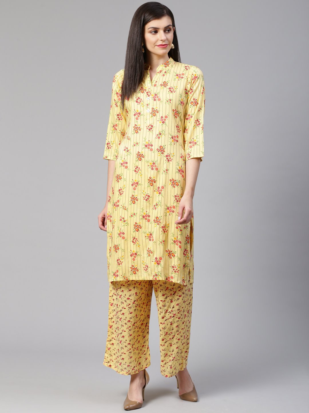 Women's Yellow Coloured & Red Floral Print Kurta with Palazzos - Jompers