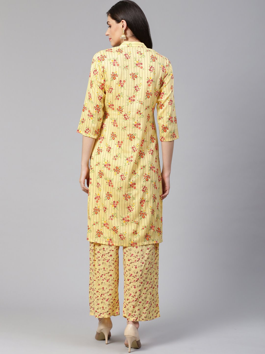 Women's Yellow Coloured & Red Floral Print Kurta with Palazzos - Jompers