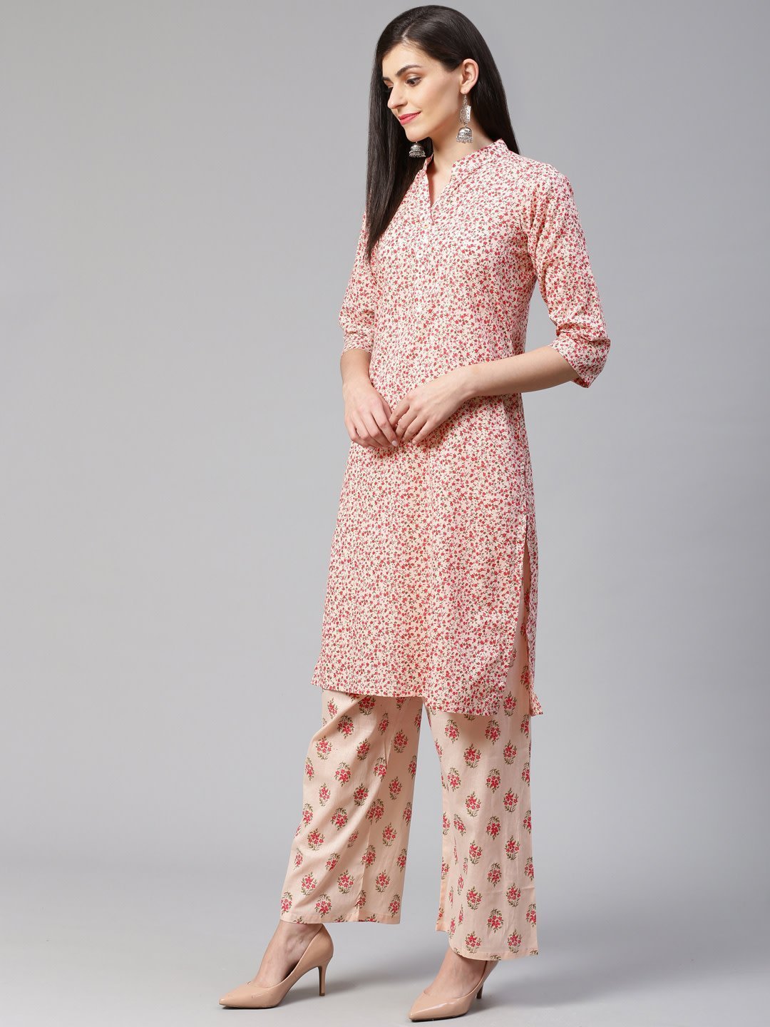 Women's Pink Floral Printed Kurta with Palazzos - Jompers
