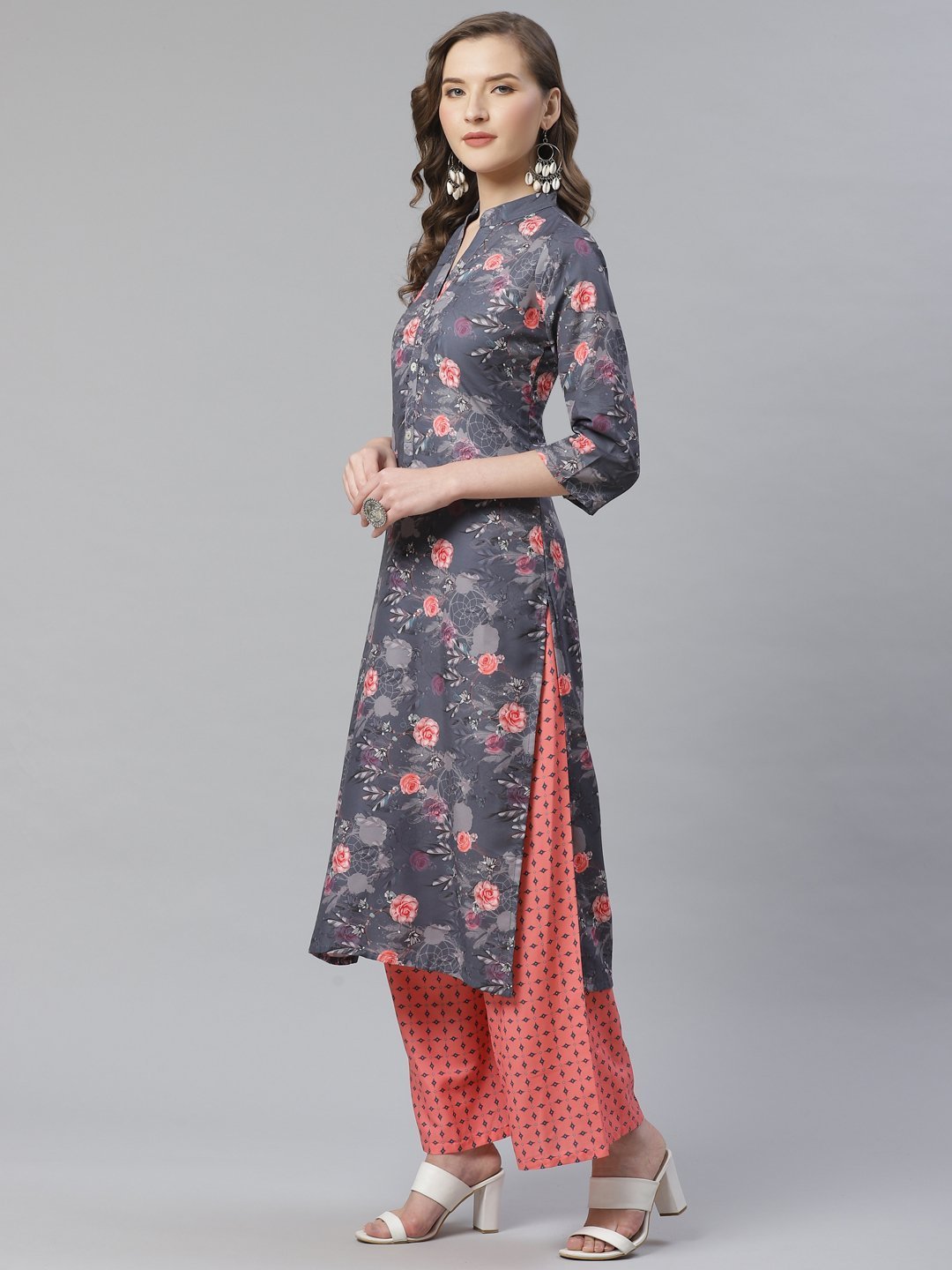 Women's Charcoal Grey & Pink Floral Printed Kurta with Palazzos - Jompers