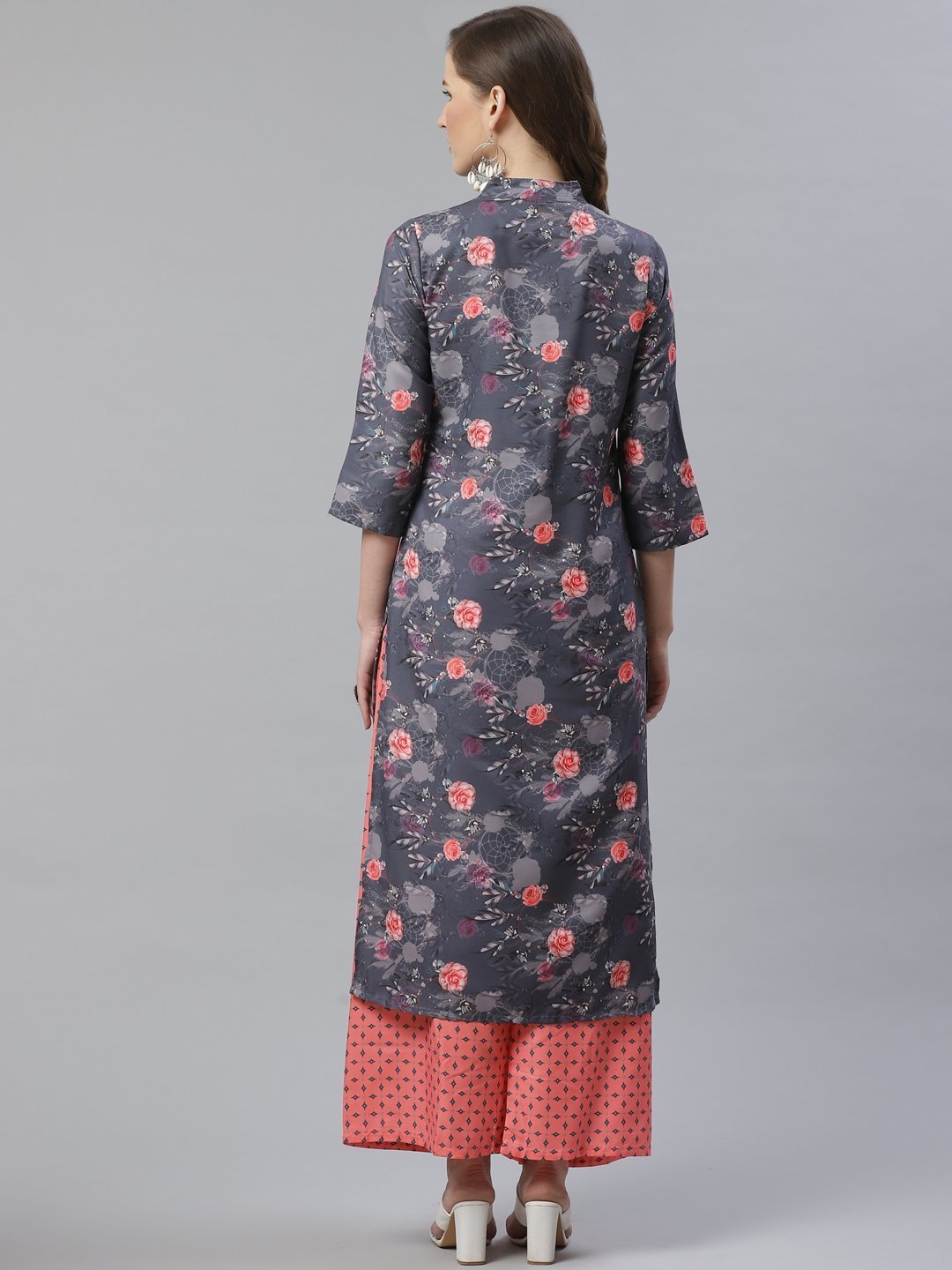 Women's Charcoal Grey & Pink Floral Printed Kurta with Palazzos - Jompers