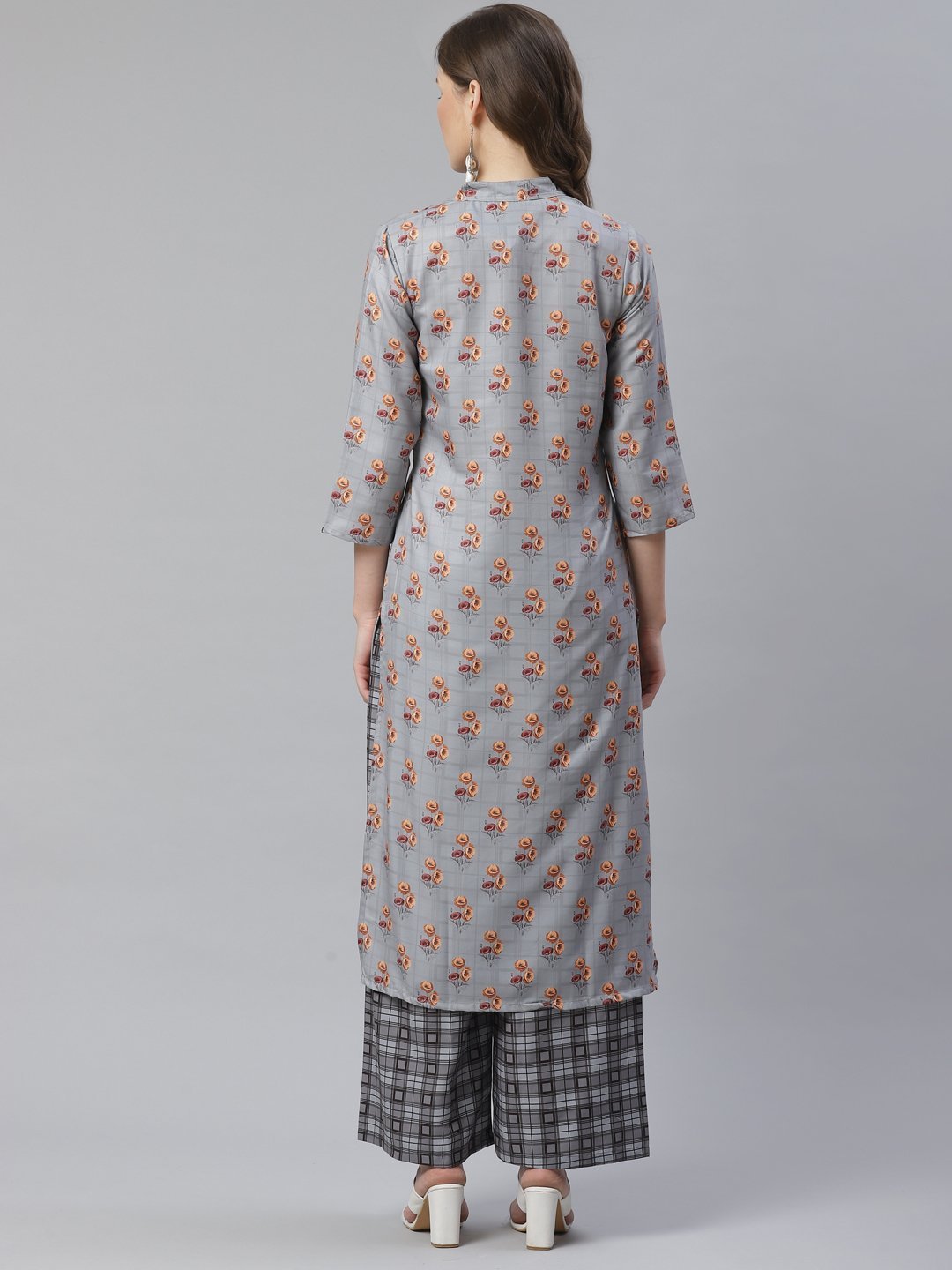 Women's Grey & Beige Floral Printed Kurta with Palazzos - Jompers