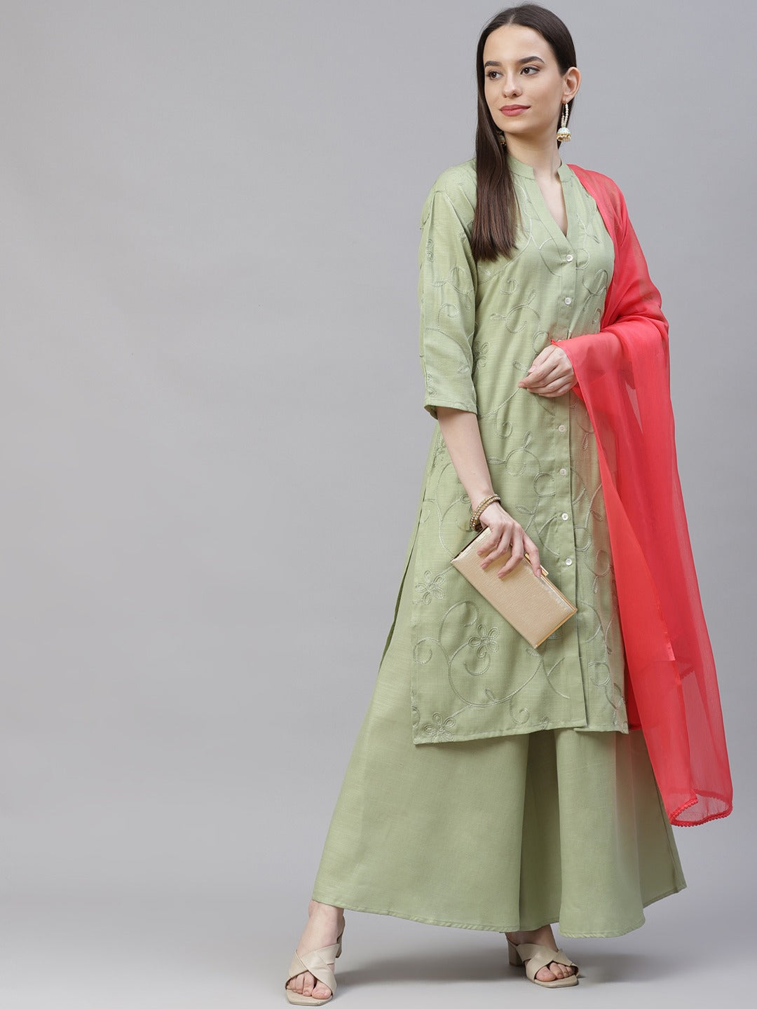 Women's Lime Green & Pink Floral Embroidered Kurta with Palazzos & Dupatta ( JOKPL D21P 1399 Lime ) - Jompers