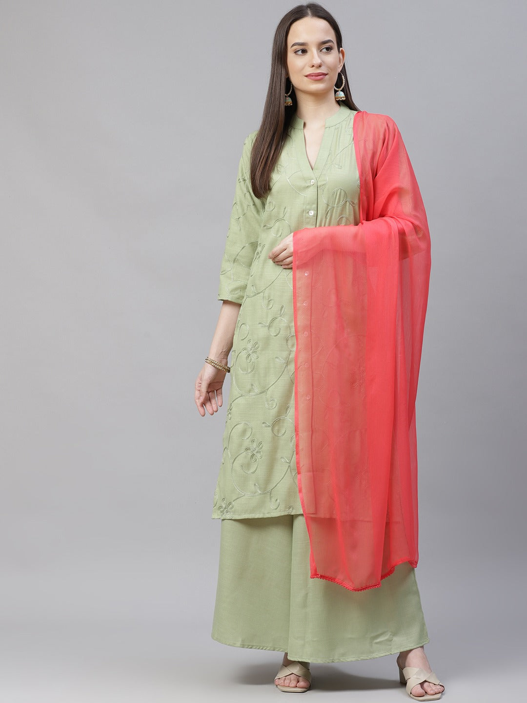 Women's Lime Green & Pink Floral Embroidered Kurta with Palazzos & Dupatta ( JOKPL D21P 1399 Lime ) - Jompers