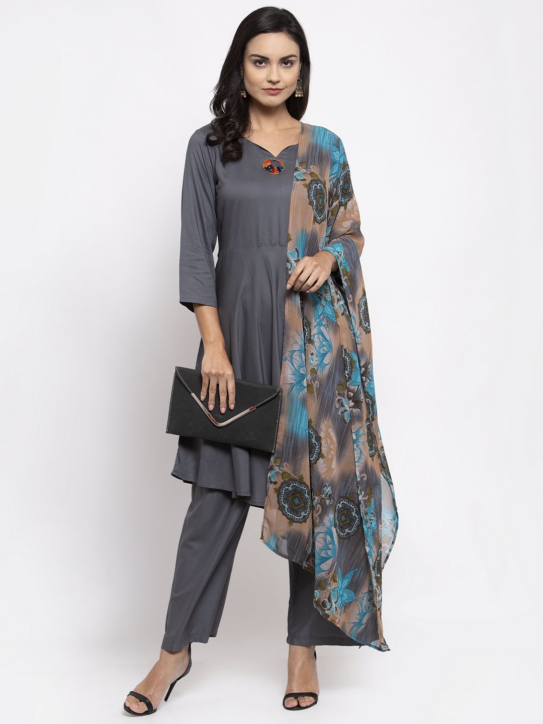 Women's Grey Solid Kurta with Palazzos & Gorgette Printed Dupatta - Jompers