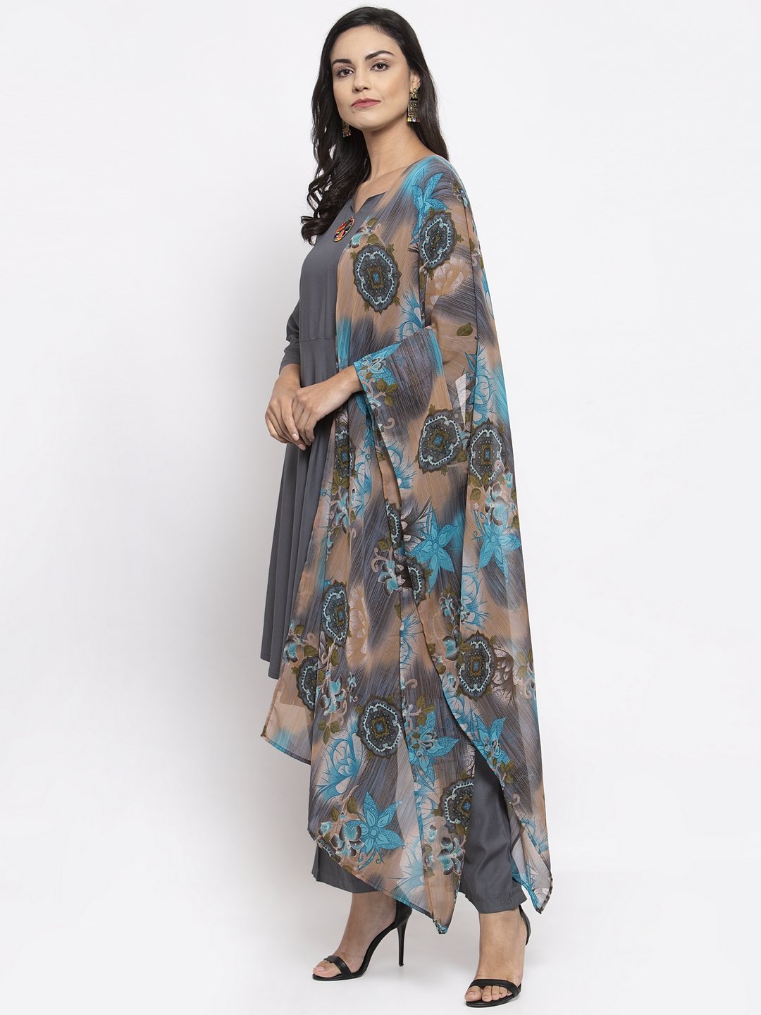Women's Grey Solid Kurta with Palazzos & Gorgette Printed Dupatta - Jompers