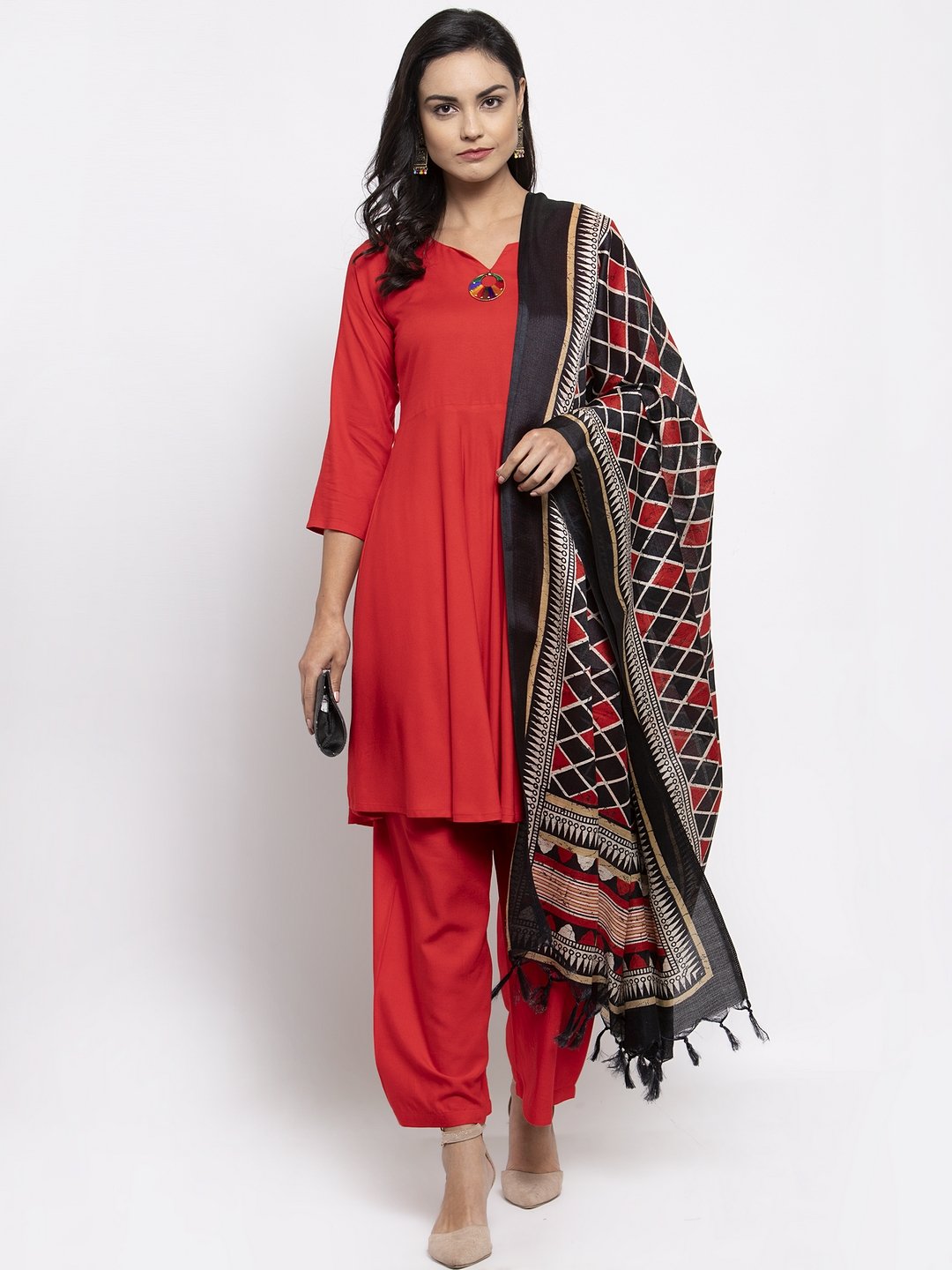 Women's Red Solid Kurta with Palazzos & Printed Dupatta - Jompers