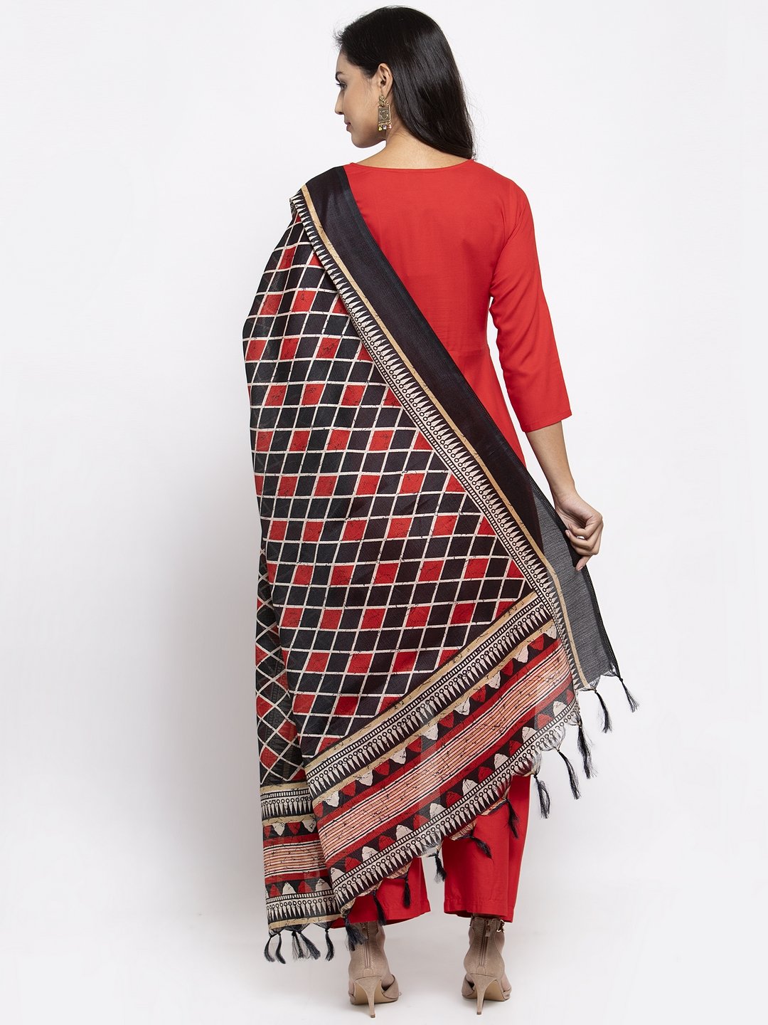 Women's Red Solid Kurta with Palazzos & Printed Dupatta - Jompers