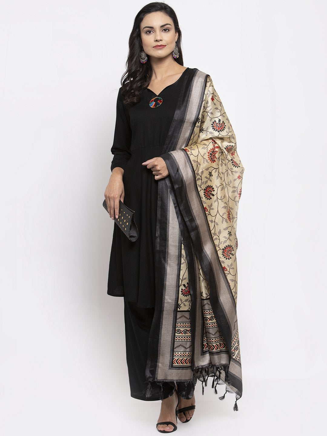 Women's Black & Red Solid Kurta with Palazzos & Beige Red Printed Dupatta - Jompers