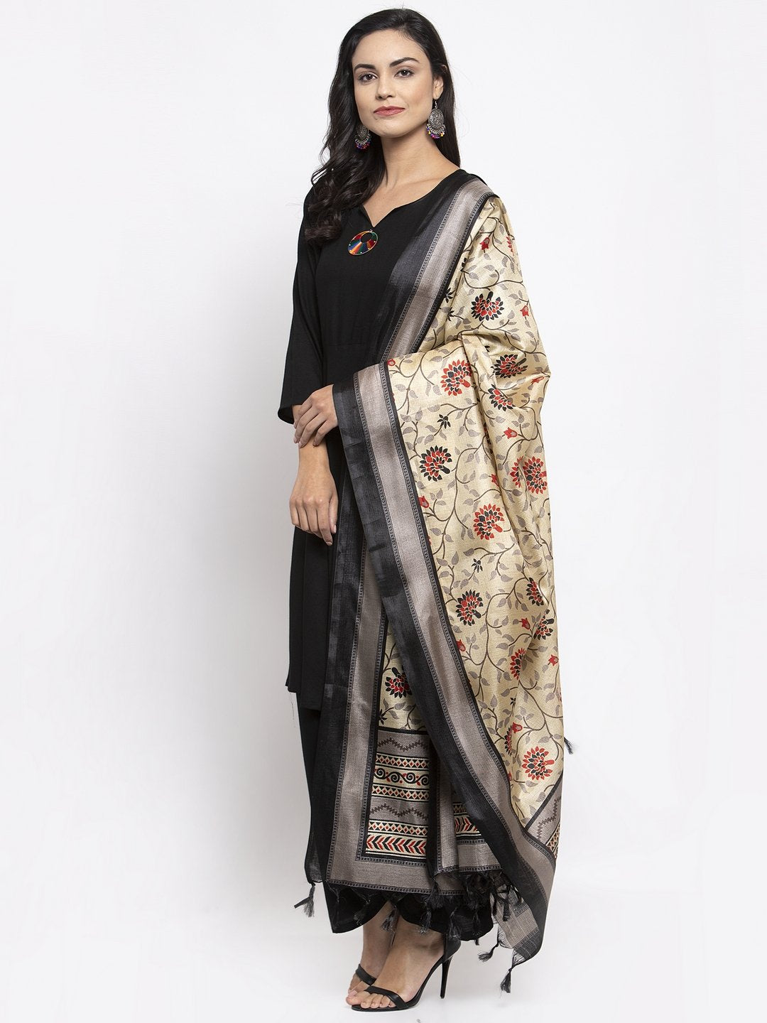 Women's Black & Red Solid Kurta with Palazzos & Beige Red Printed Dupatta - Jompers