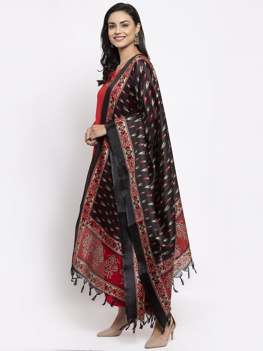 Women's Red Solid Kurta with Palazzos & Red Black Printed Dupatta - Jompers