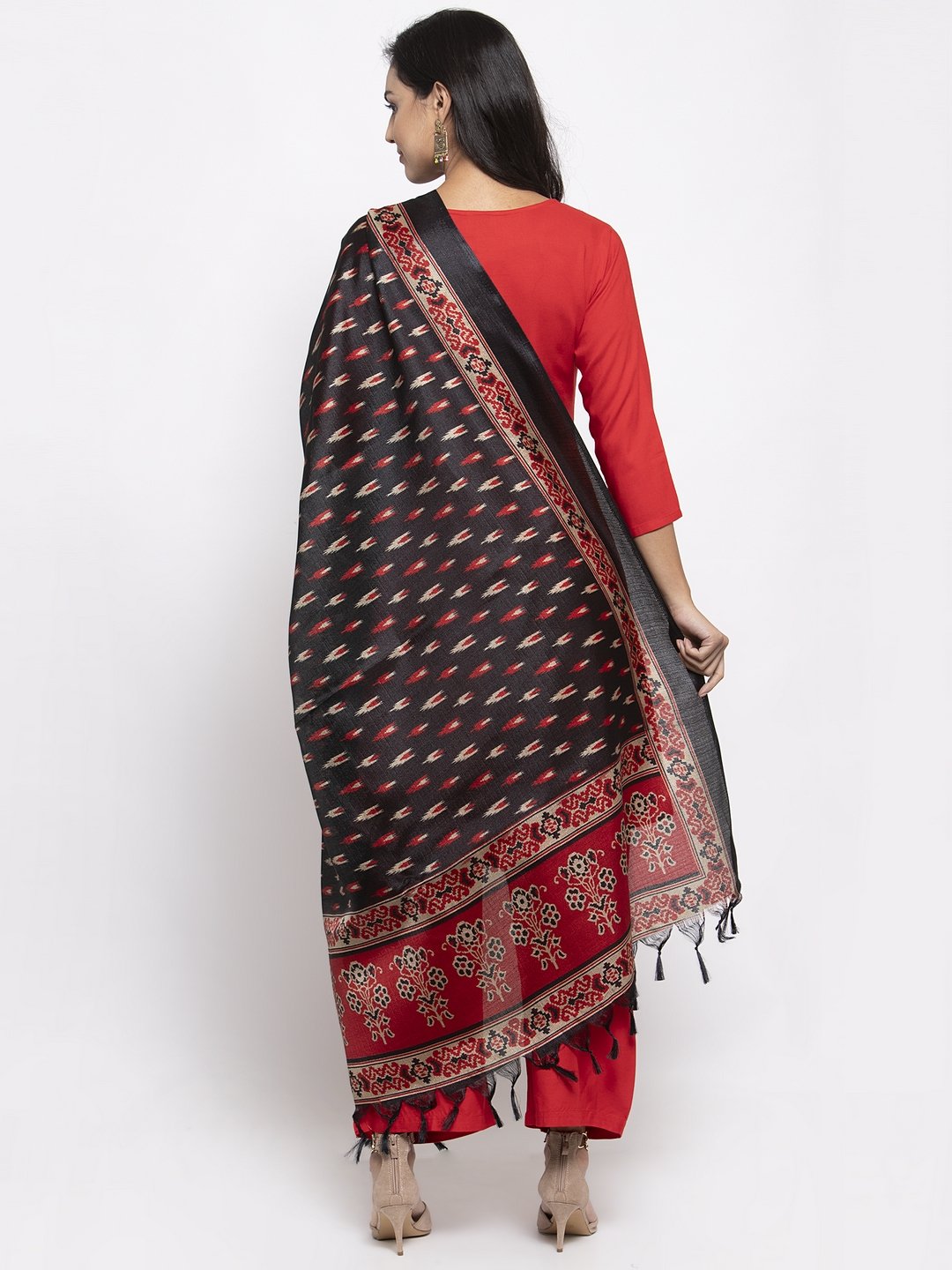 Women's Red Solid Kurta with Palazzos & Red Black Printed Dupatta - Jompers