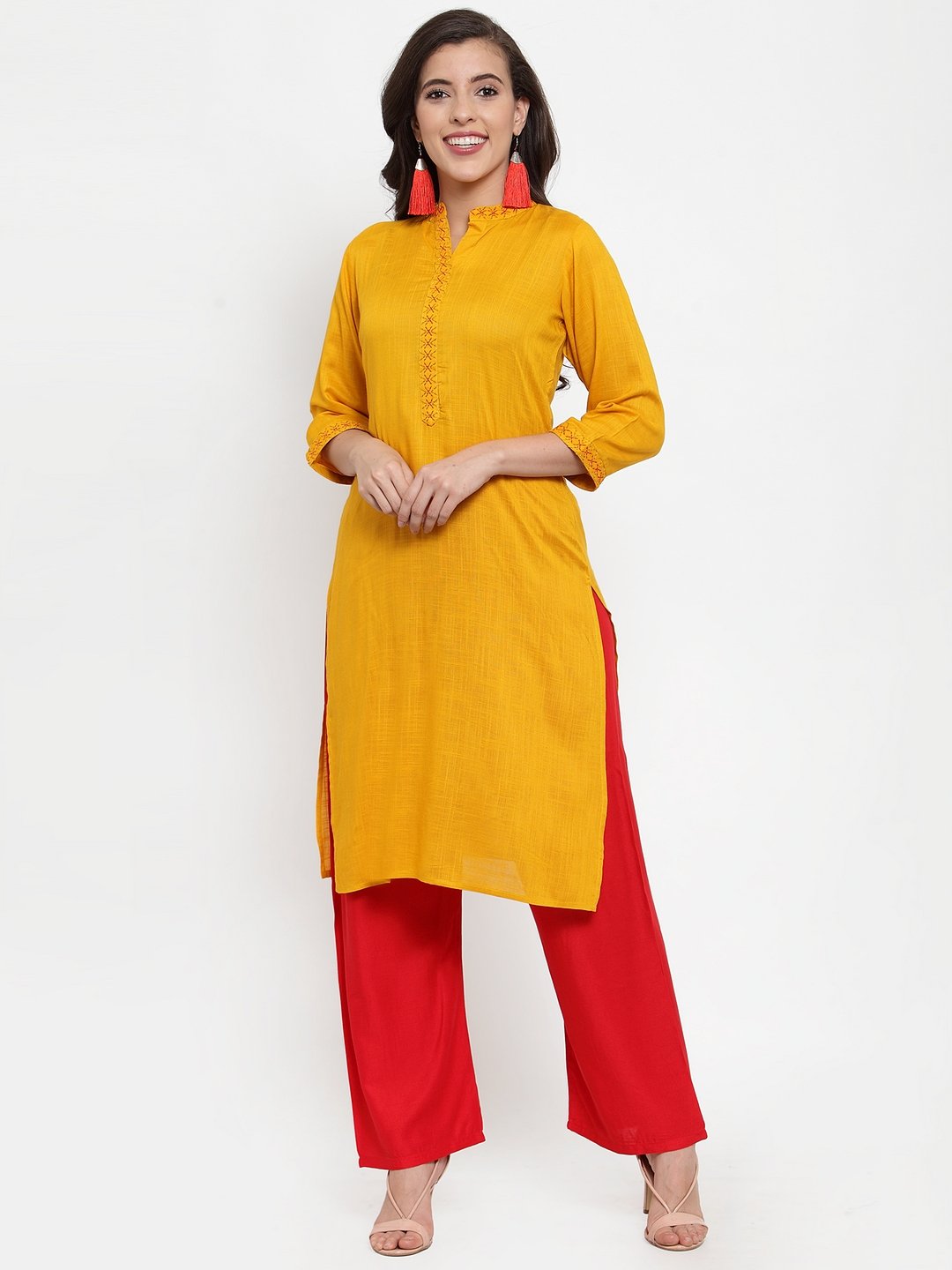 Women's Mustard Yellow & Red Embroidered Kurta with Palazzos & Dupatta - Jompers