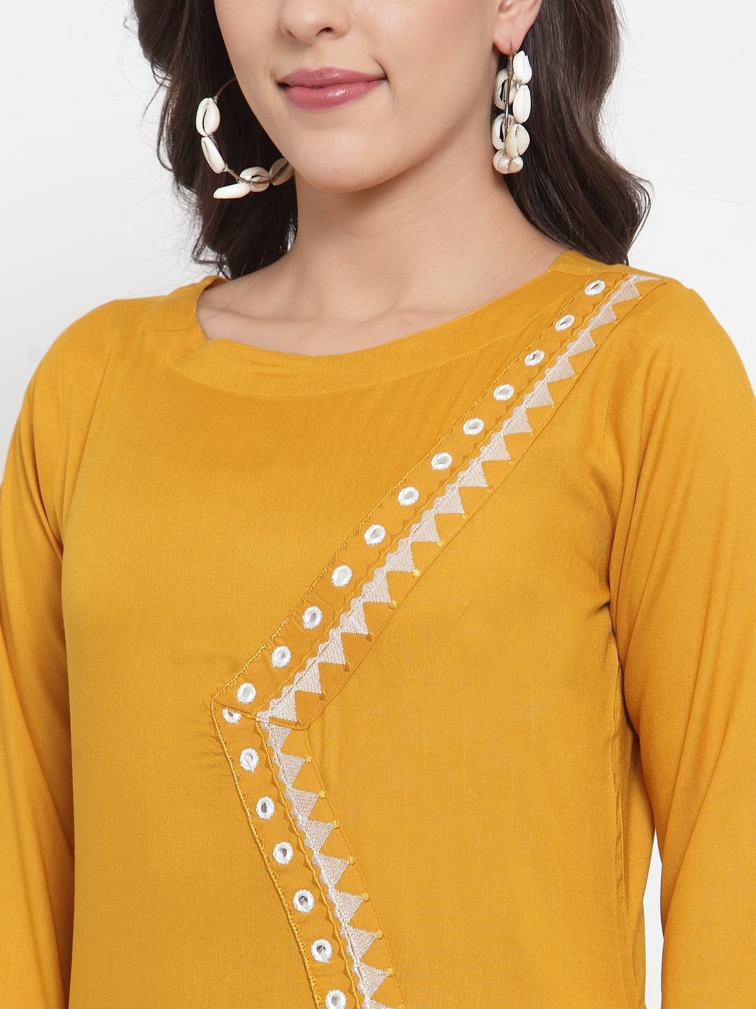 Women's Mustard Yellow & Off White Embroidered Kurta with Palazzos - Jompers