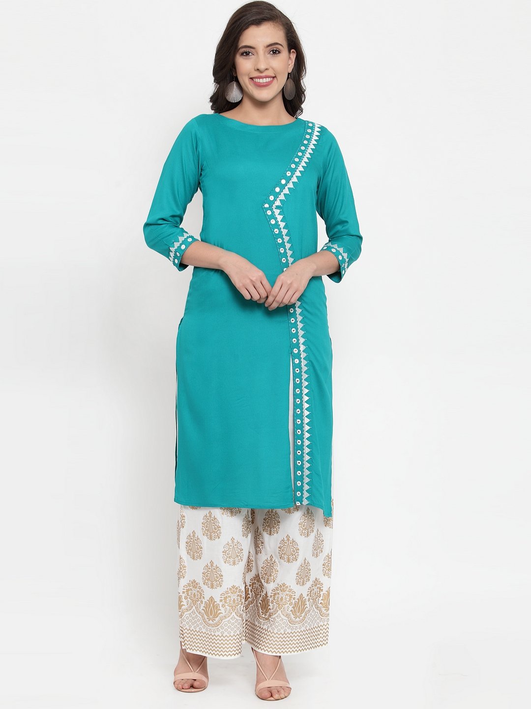 Women's Rama Green & Off White Embroidered Kurta with Palazzos - Jompers