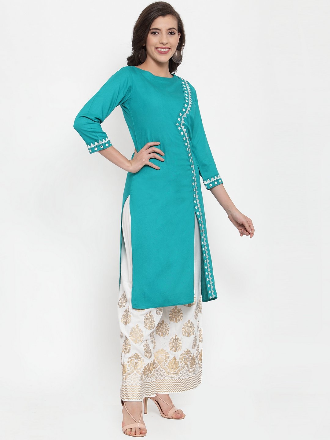 Women's Rama Green & Off White Embroidered Kurta with Palazzos - Jompers