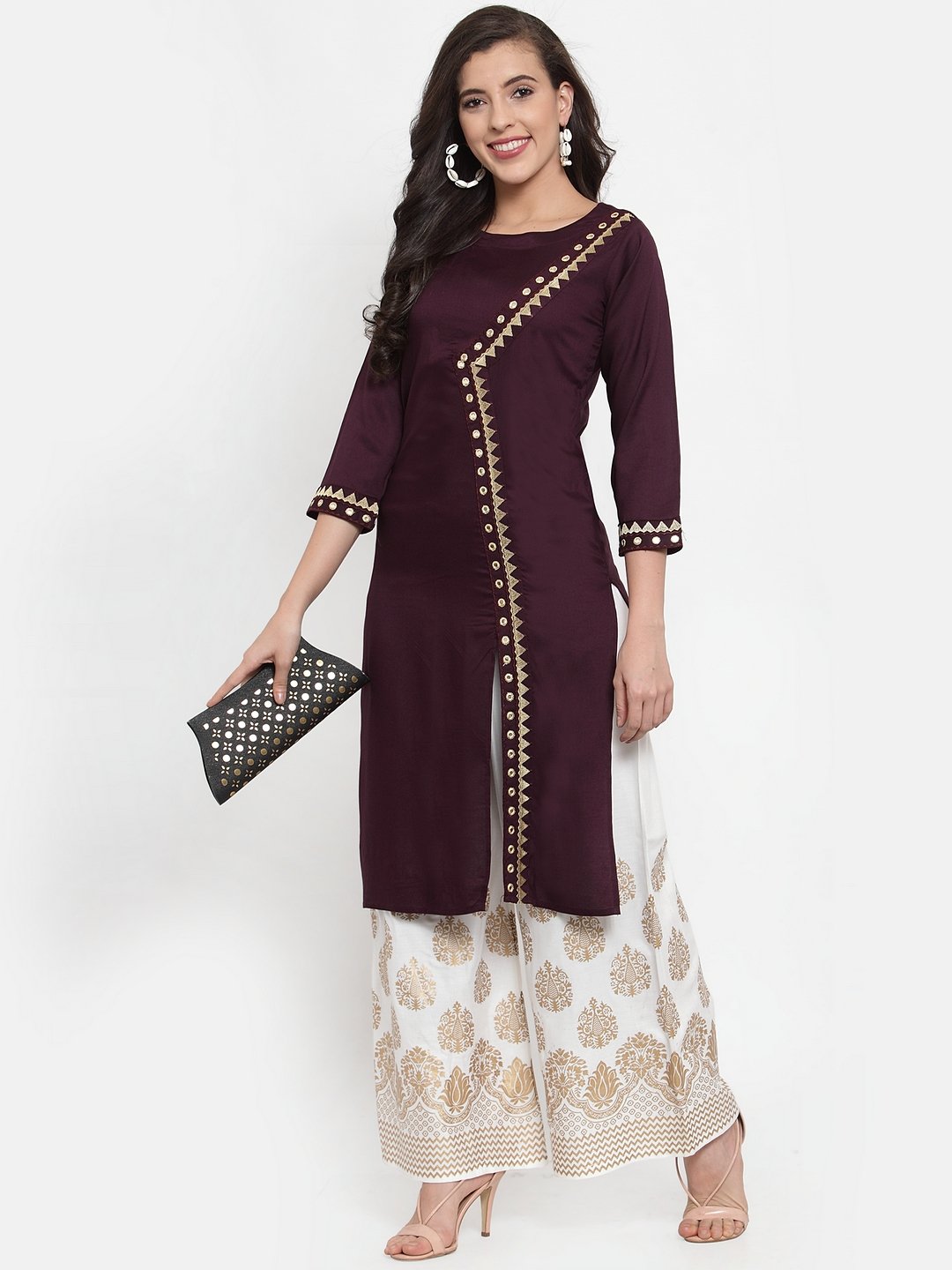 Women's Purple Embroidered Kurta with Palazzos - Jompers