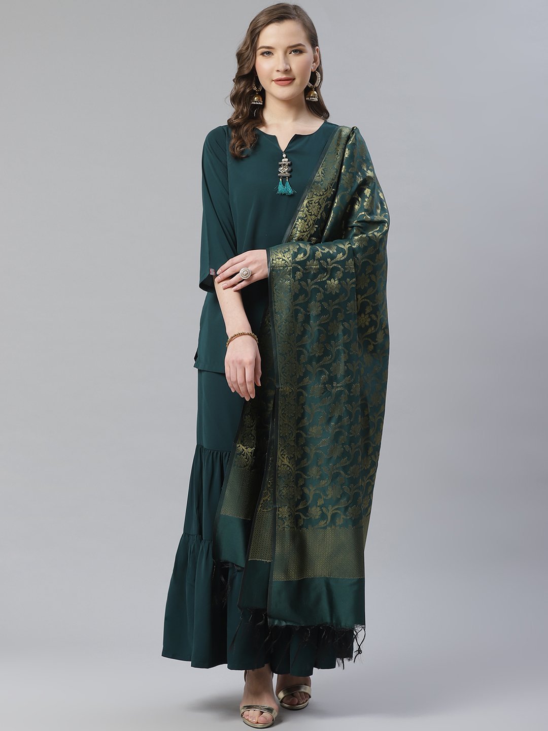 Women's Green & Golden Solid Kurti with Sharara & Woven Design Dupatta - Jompers