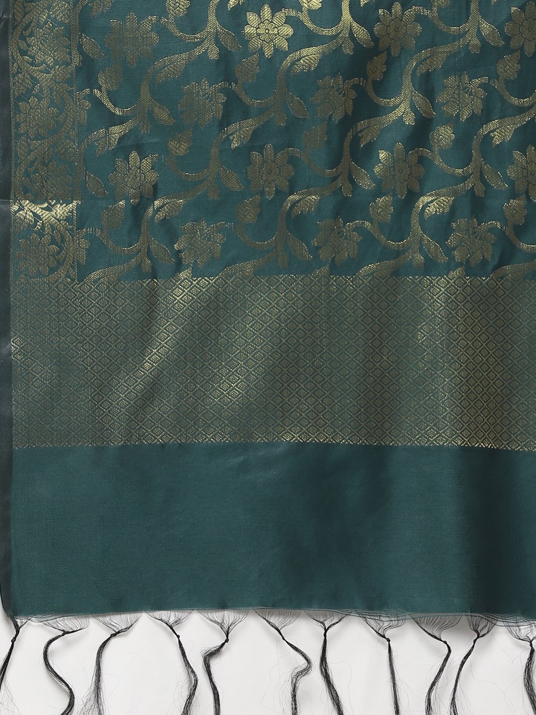 Women's Green & Golden Solid Kurti with Sharara & Woven Design Dupatta - Jompers