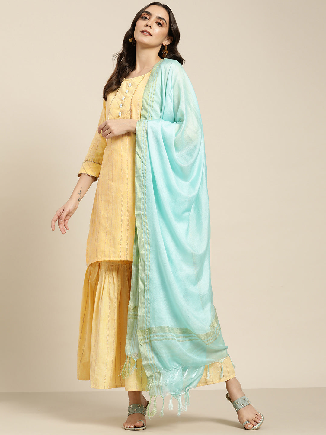 Women's Yellow Woven Design Gotta Patti Kurta with Sharara & Dupatta ( JOKPS D20F 1438 Yellow ) - Jompers