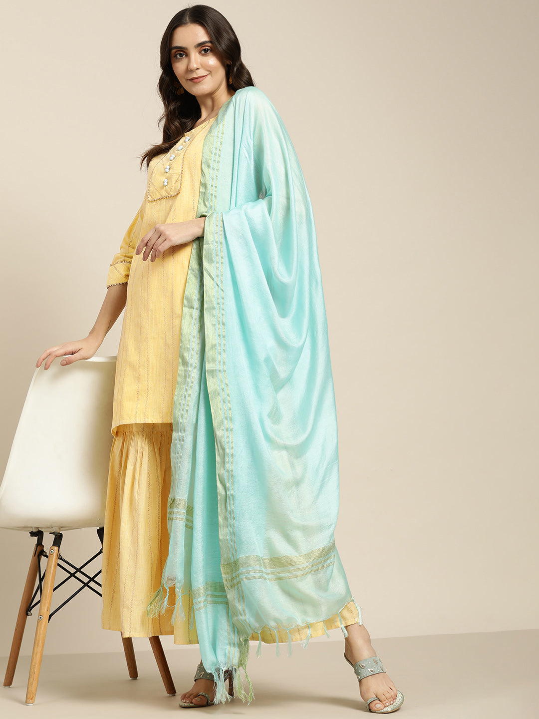 Women's Yellow Woven Design Gotta Patti Kurta with Sharara & Dupatta ( JOKPS D20F 1438 Yellow ) - Jompers